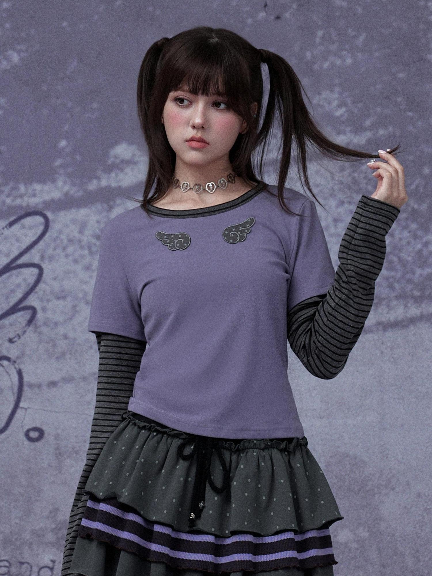 SagiDolls Black Purple Embroidered Star Faux Two Piece Women's Cotton Long Sleeve T-shirts