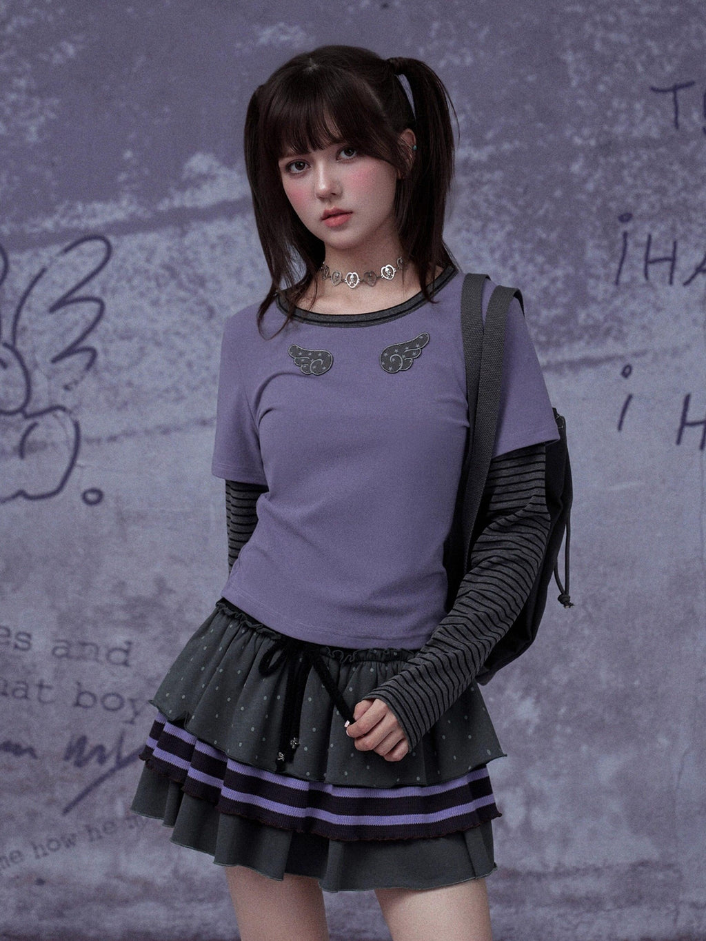 SagiDolls Black Purple Embroidered Star Faux Two Piece Women's Cotton Long Sleeve T-shirts