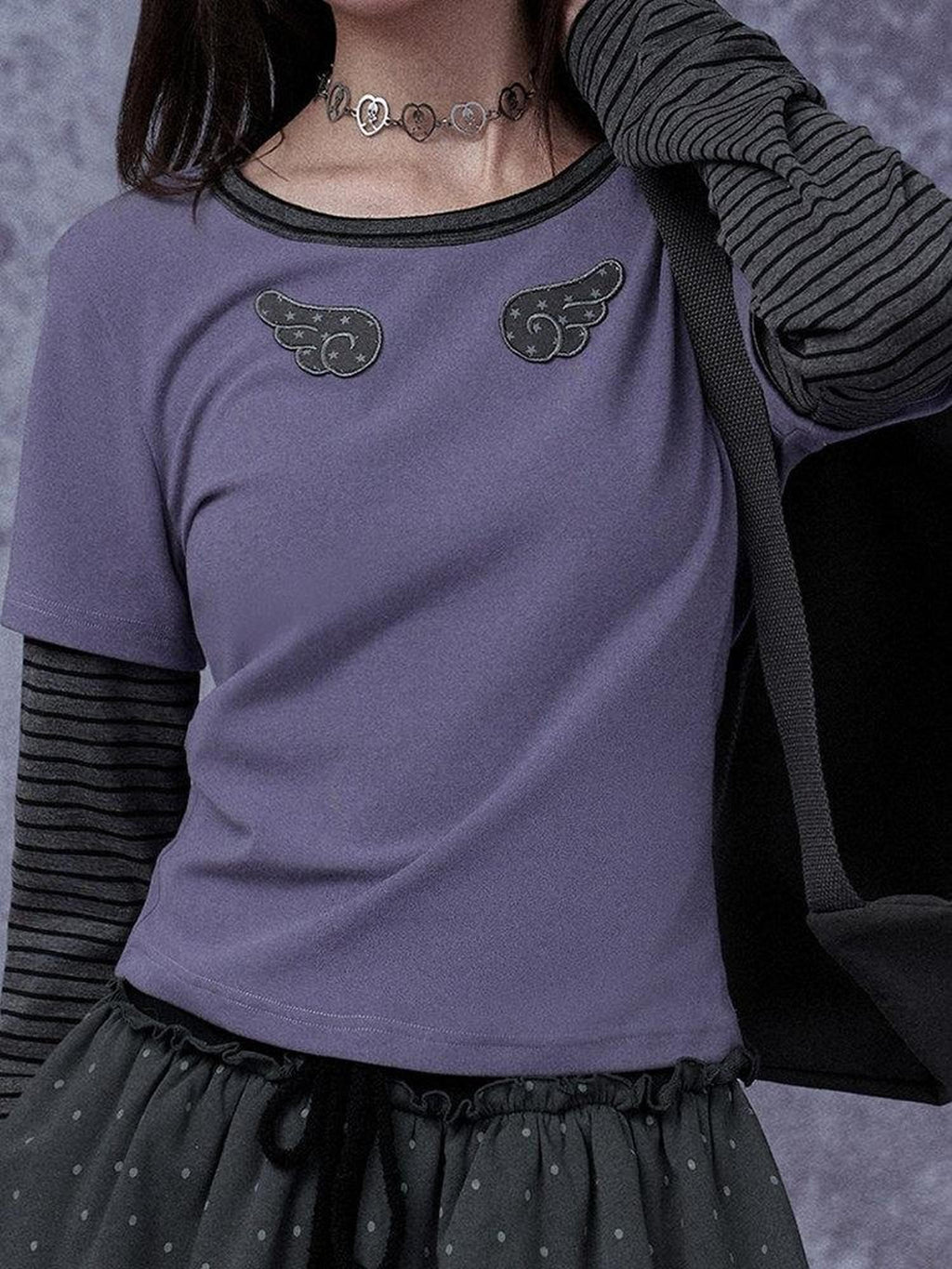 SagiDolls Black Purple Embroidered Star Faux Two Piece Women's Cotton Long Sleeve T-shirts