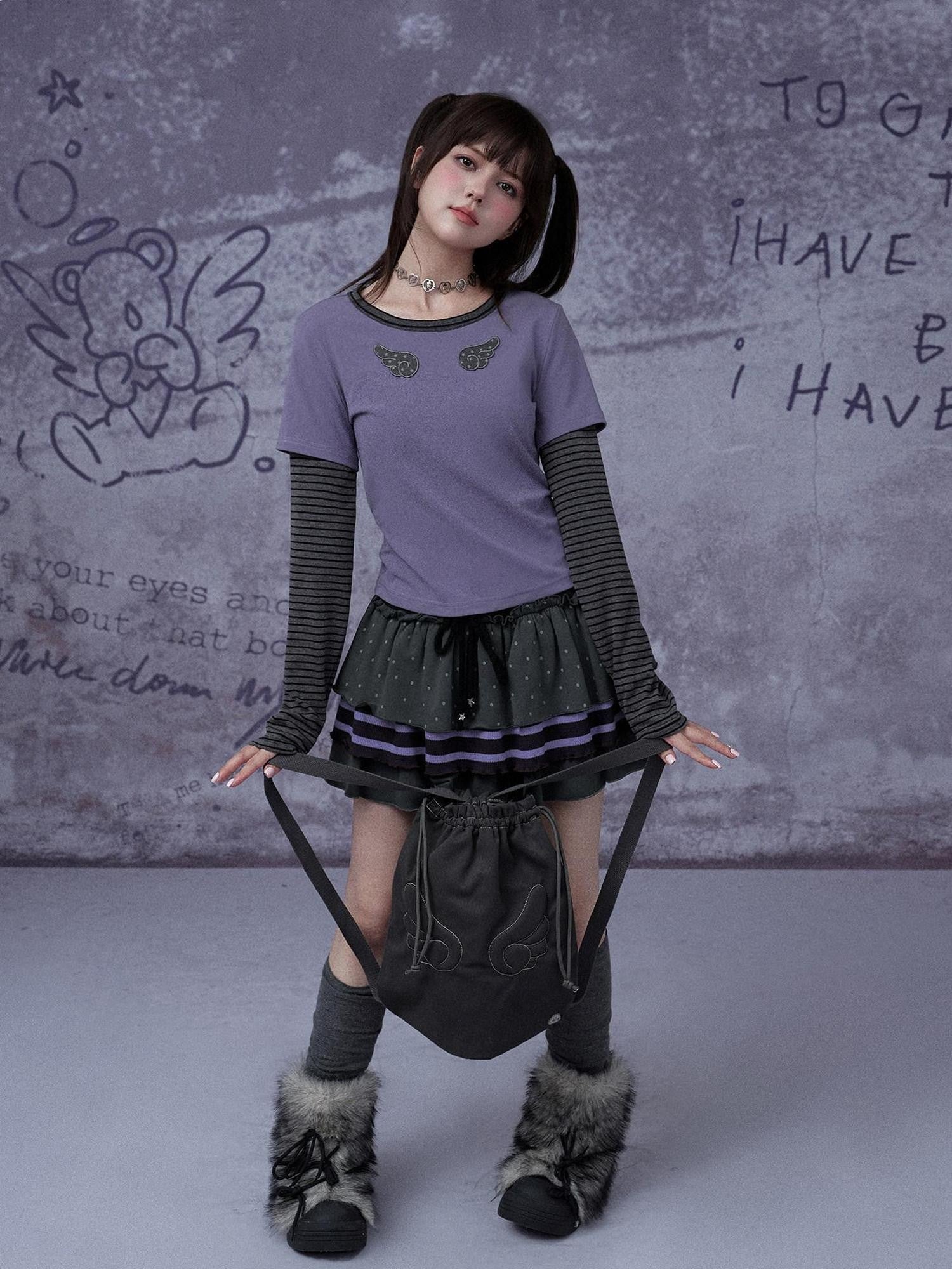 SagiDolls Black Purple Embroidered Star Faux Two Piece Women's Cotton Long Sleeve T-shirts