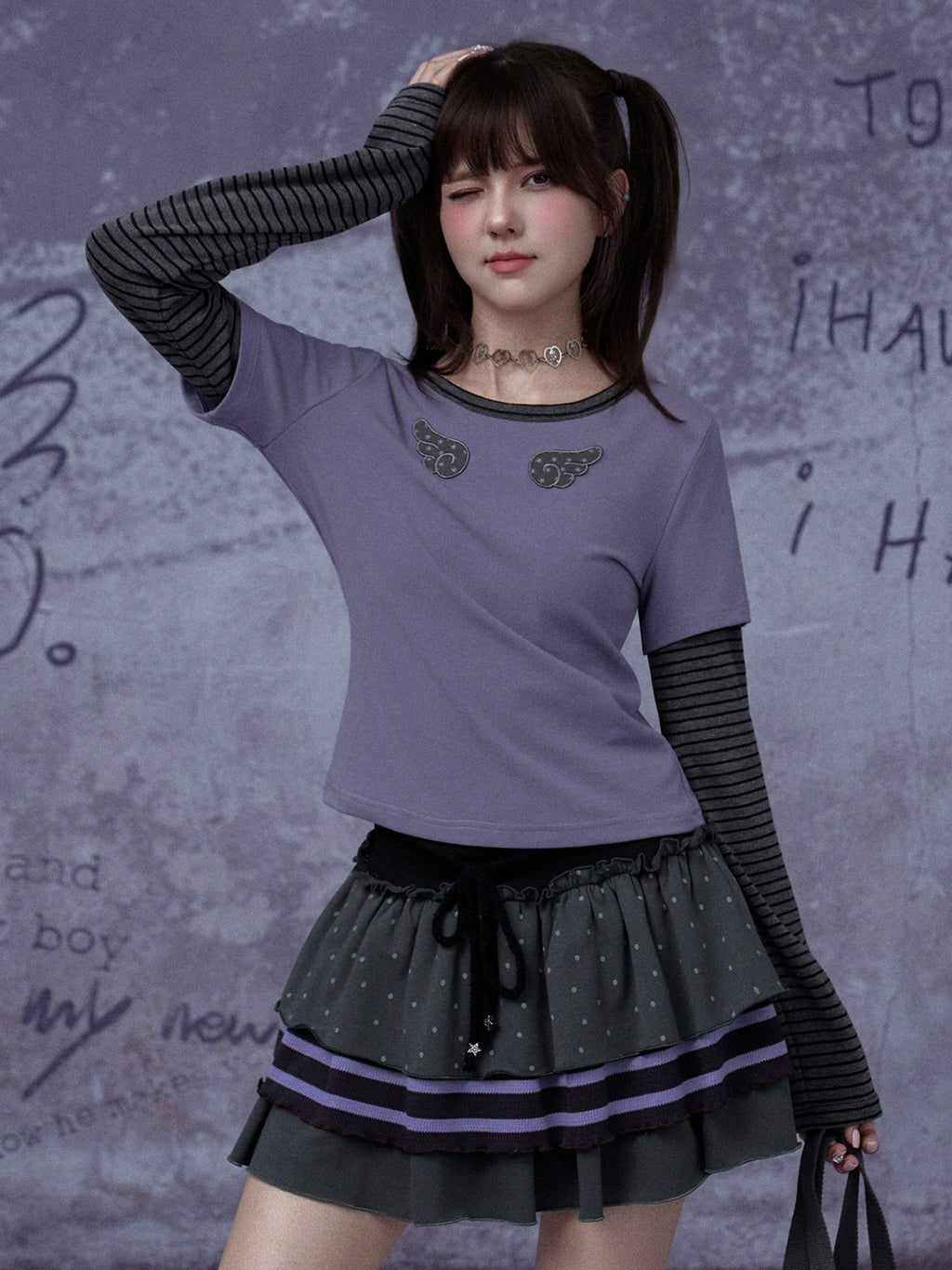 SagiDolls Black Purple Embroidered Star Faux Two Piece Women's Cotton Long Sleeve T-shirts
