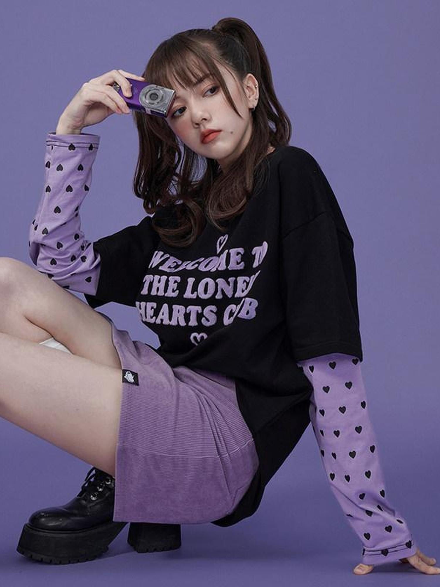 SagiDolls Black Purple Flocked 3d Lettering Layered Women's Cotton Long Sleeve T-shirts