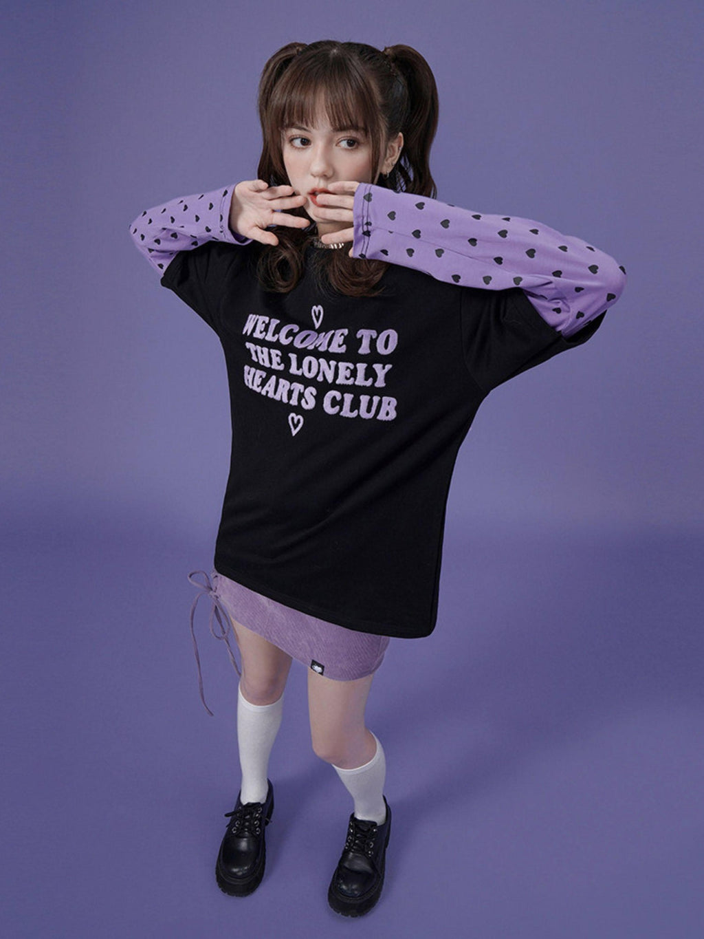 SagiDolls Black Purple Flocked 3d Lettering Layered Women's Cotton Long Sleeve T-shirts