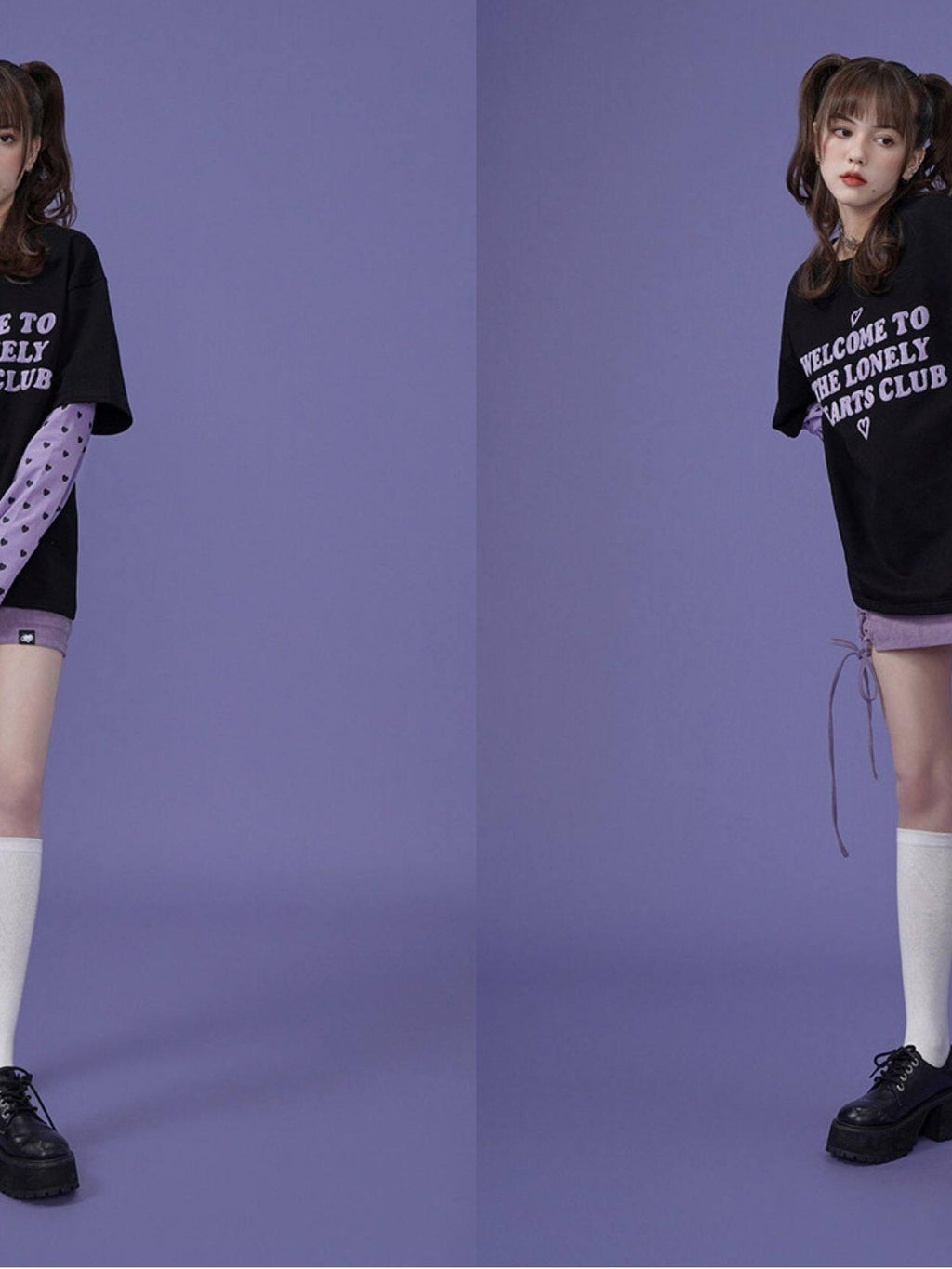 SagiDolls Black Purple Flocked 3d Lettering Layered Women's Cotton Long Sleeve T-shirts