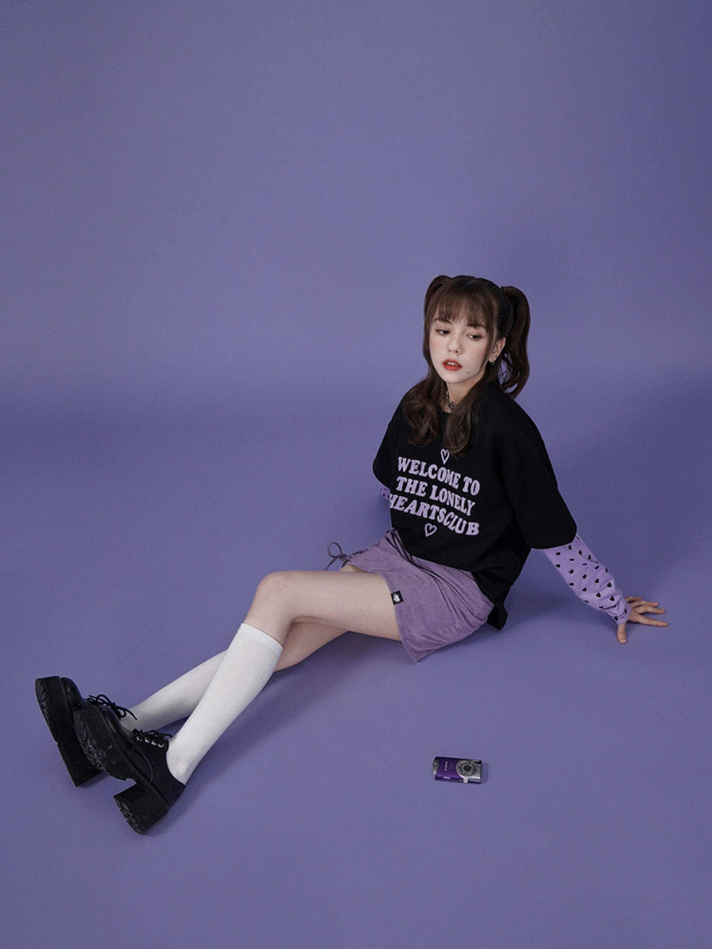 SagiDolls Black Purple Flocked 3d Lettering Layered Women's Cotton Long Sleeve T-shirts