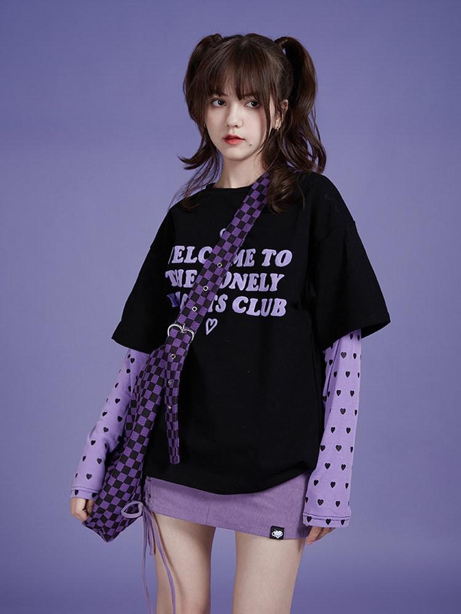 SagiDolls Black Purple Flocked 3d Lettering Layered Women's Cotton Long Sleeve T-shirts