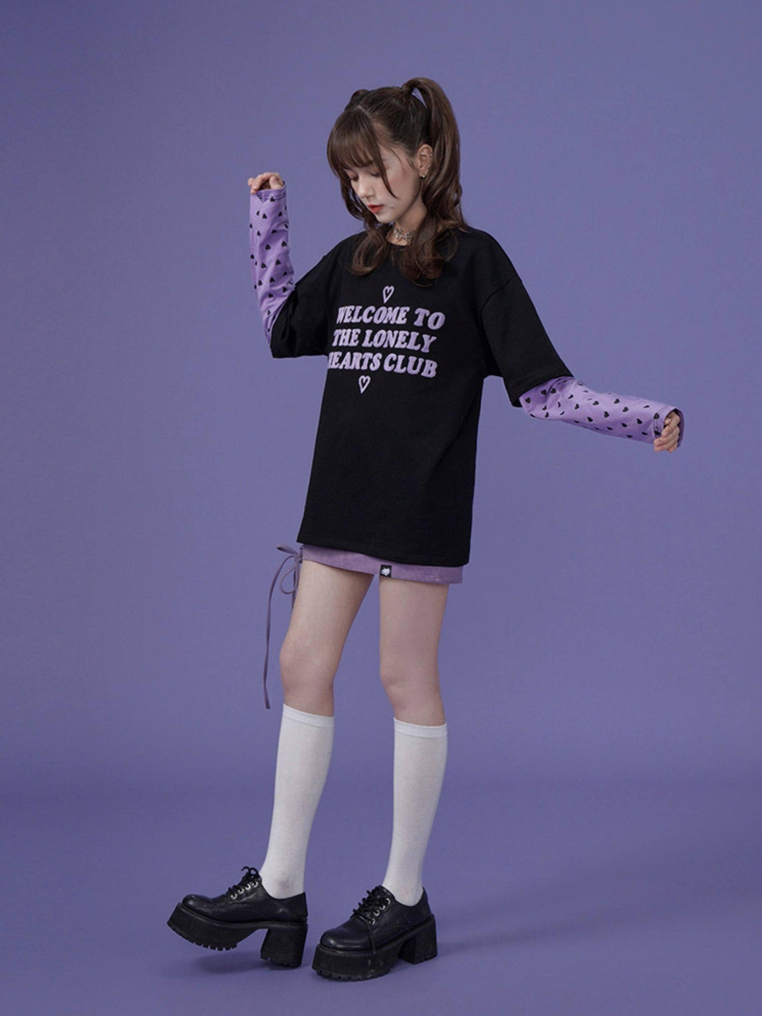 SagiDolls Black Purple Flocked 3d Lettering Layered Women's Cotton Long Sleeve T-shirts