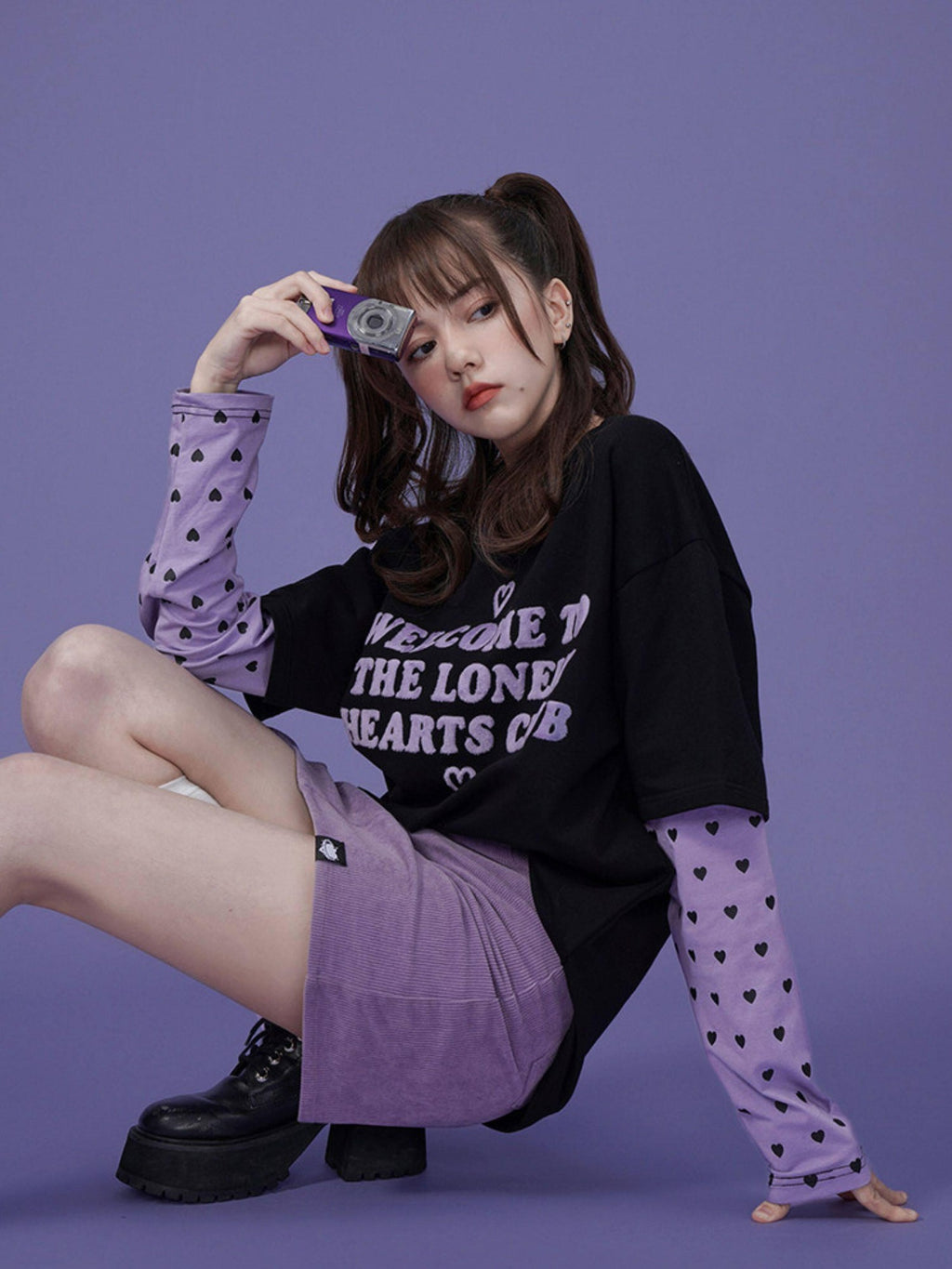 SagiDolls Black Purple Flocked 3d Lettering Layered Women's Cotton Long Sleeve T-shirts