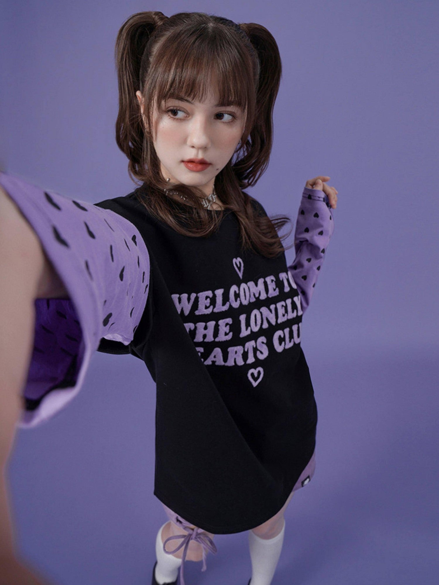 SagiDolls Black Purple Flocked 3d Lettering Layered Women's Cotton Long Sleeve T-shirts