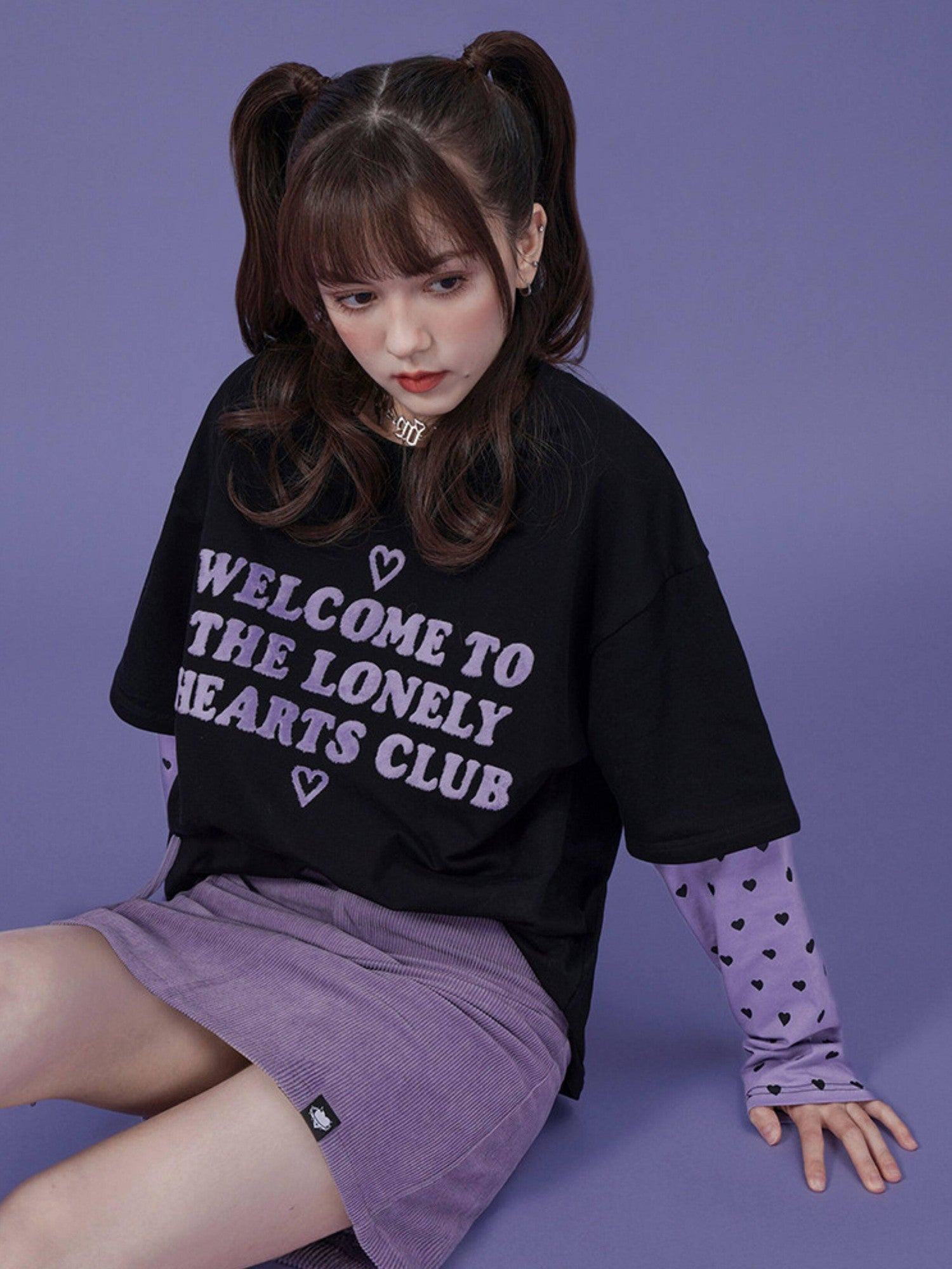 SagiDolls Black Purple Flocked 3d Lettering Layered Women's Cotton Long Sleeve T-shirts