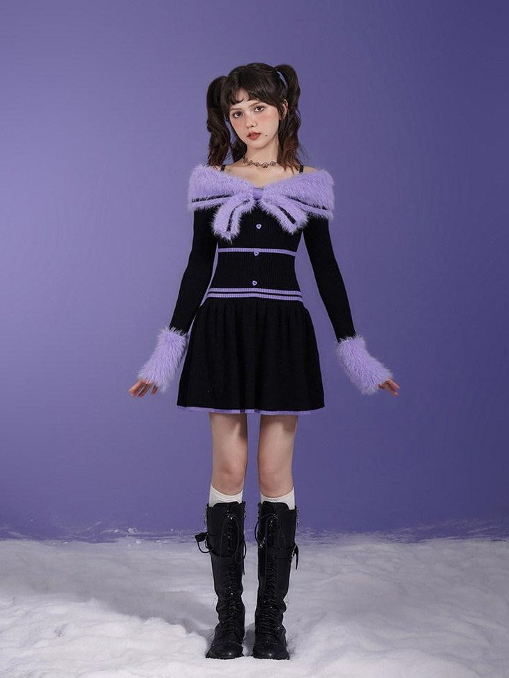 SagiDolls Black Purple Fur Collar Bardot A Line Women's Slip Mini Dresses