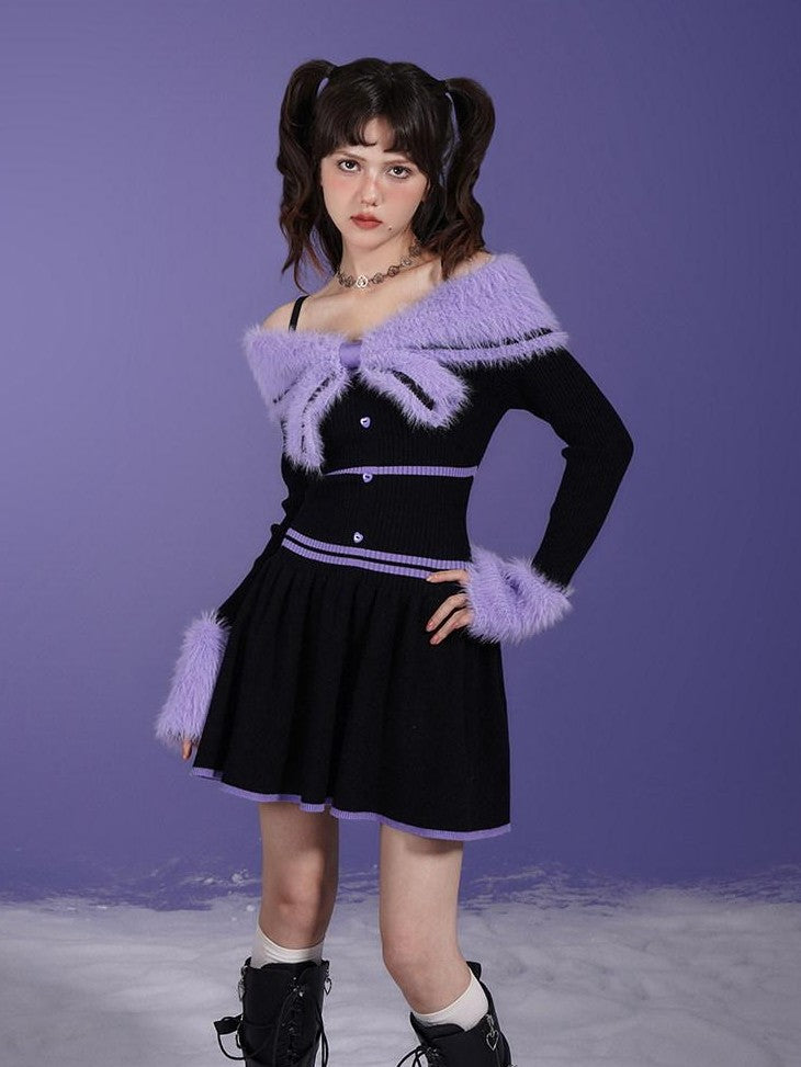 SagiDolls Black Purple Fur Collar Bardot A Line Women's Slip Mini Dresses