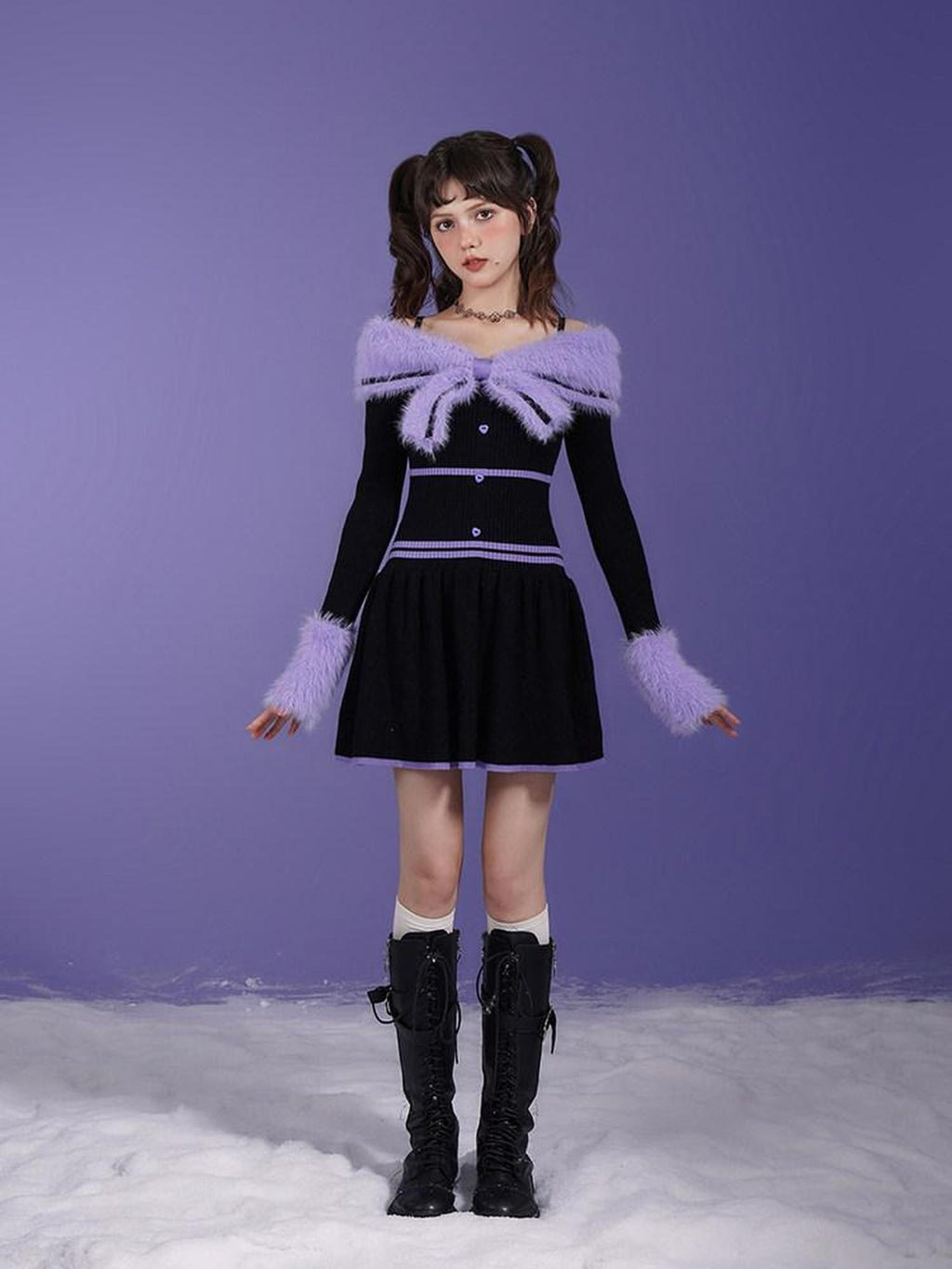 SagiDolls Black Purple Fur Collar Bardot A Line Women's Slip Mini Dresses