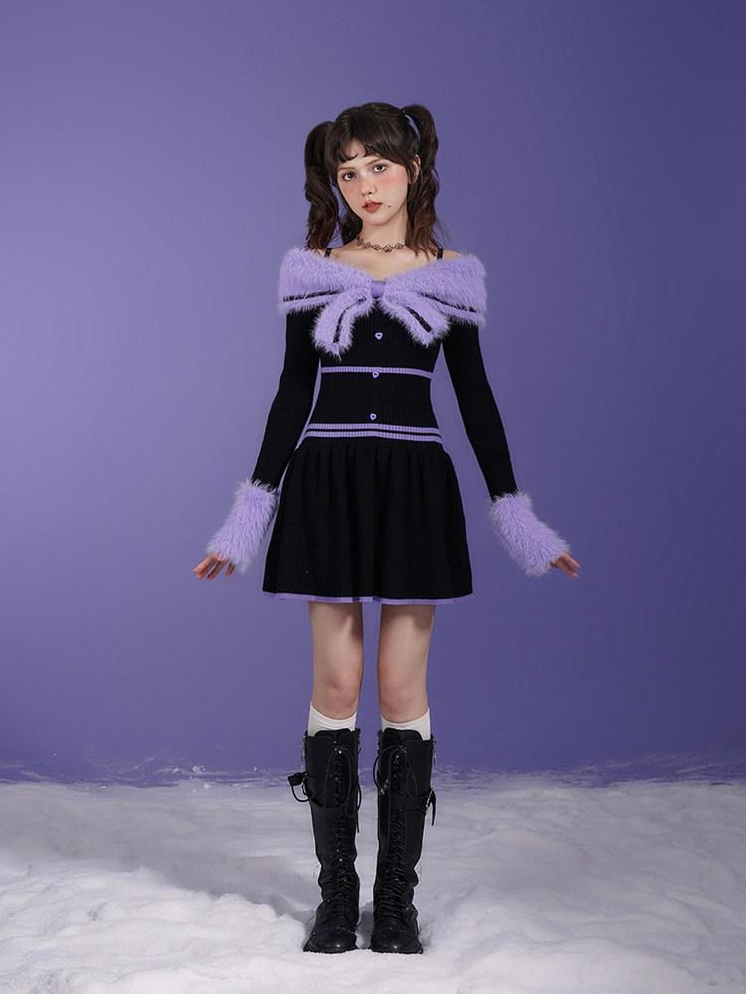 SagiDolls Black Purple Fur Collar Bardot A Line Women's Slip Mini Dresses