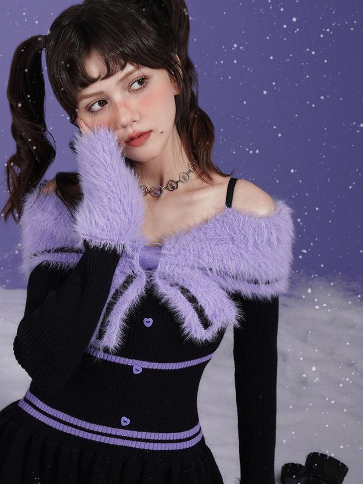 SagiDolls Black Purple Fur Collar Bardot A Line Women's Slip Mini Dresses