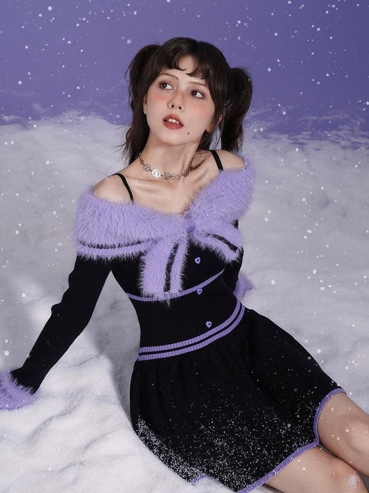 SagiDolls Black Purple Fur Collar Bardot A Line Women's Slip Mini Dresses