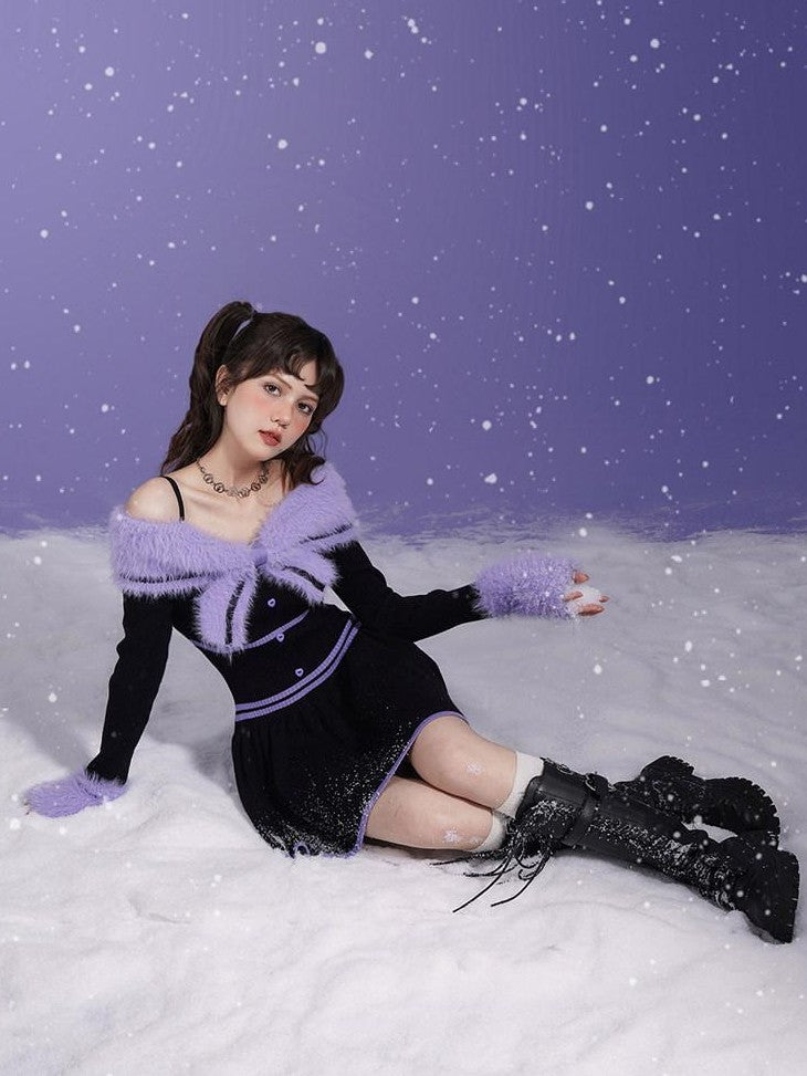 SagiDolls Black Purple Fur Collar Bardot A Line Women's Slip Mini Dresses