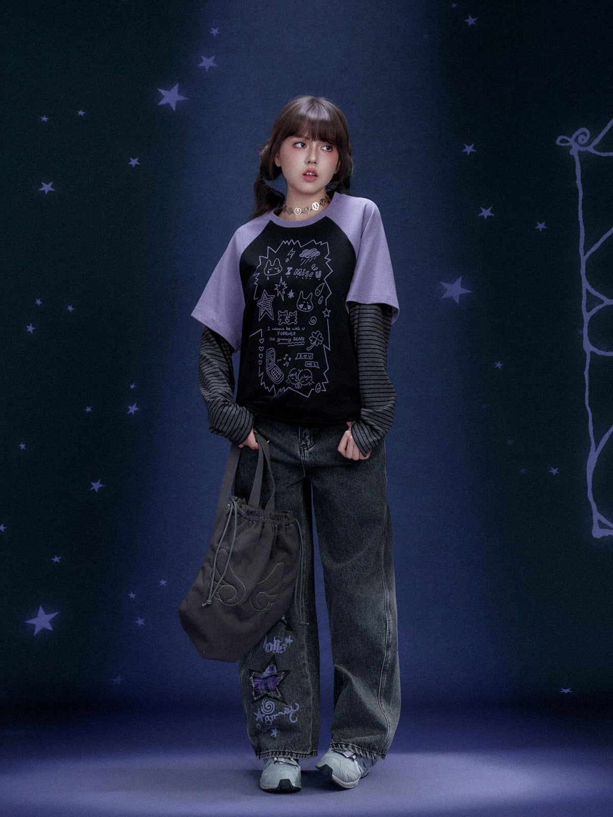 SagiDolls Black Purple Graffiti Print Faux Layered Raglan Women's Cotton Long Sleeve T-shirts