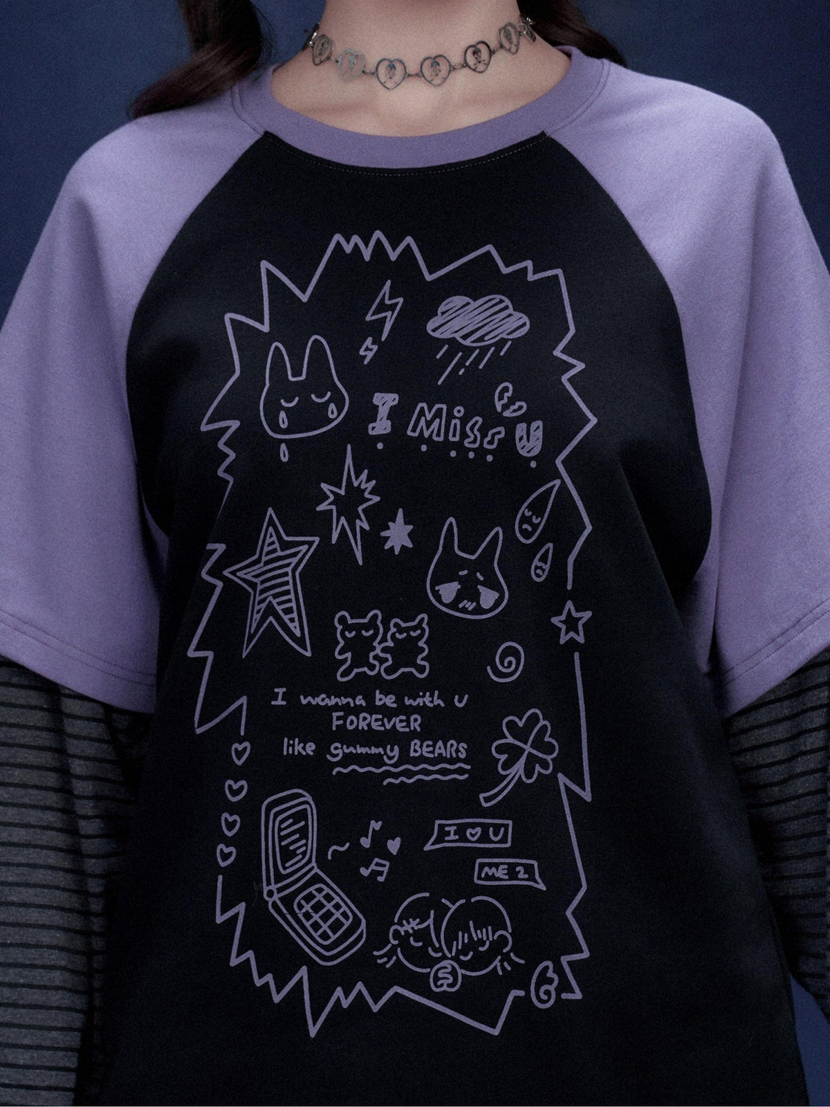 SagiDolls Black Purple Graffiti Print Faux Layered Raglan Women's Cotton Long Sleeve T-shirts