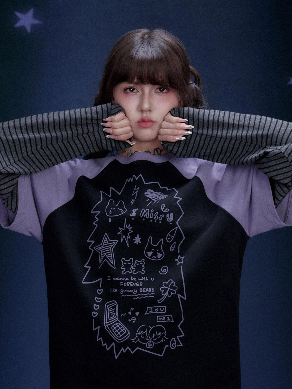 SagiDolls Black Purple Graffiti Print Faux Layered Raglan Women's Cotton Long Sleeve T-shirts