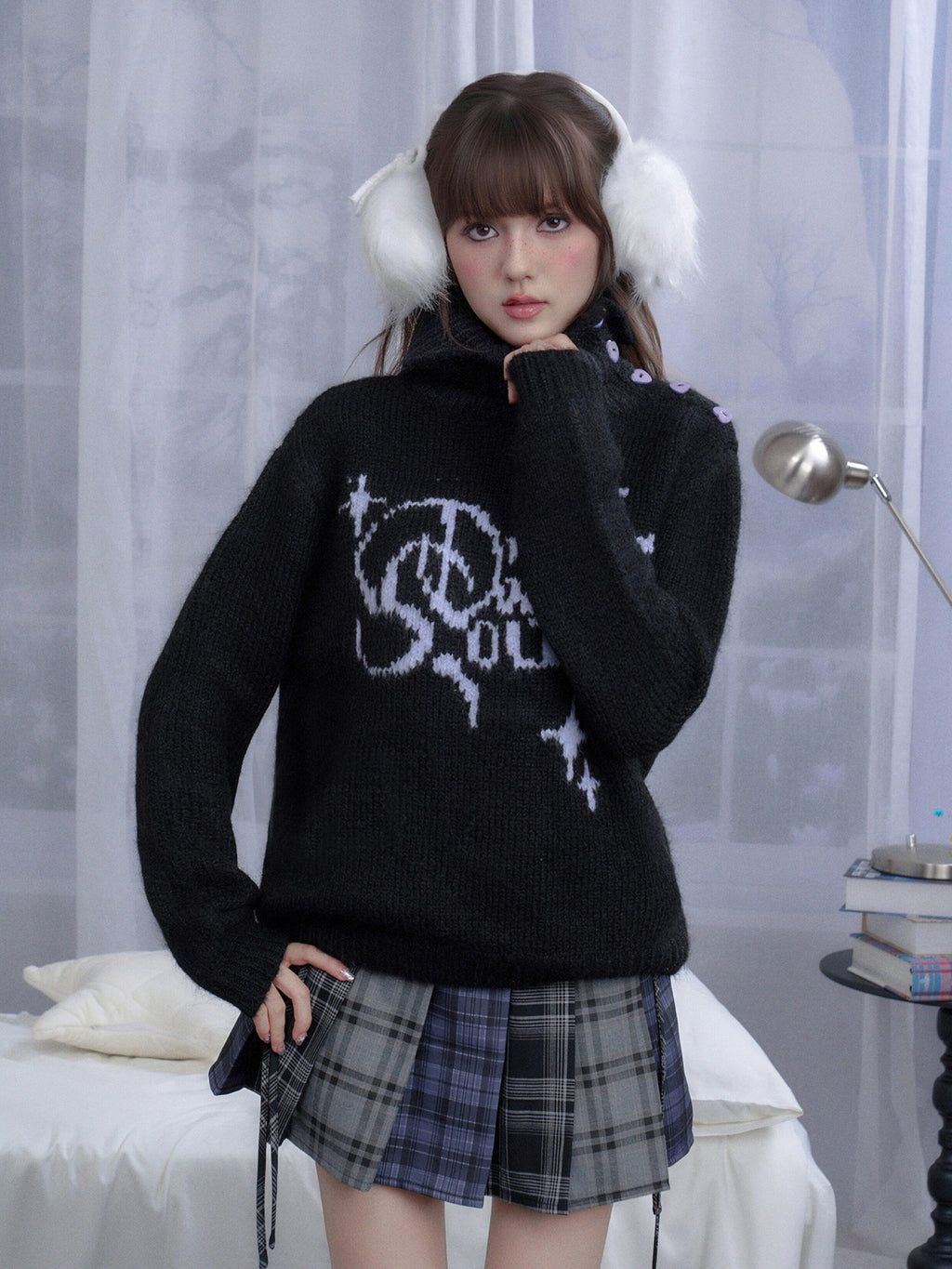 SagiDolls Black Purple Jacquard Convertible High Neck Asymmetric Women's Pullover Sweaters