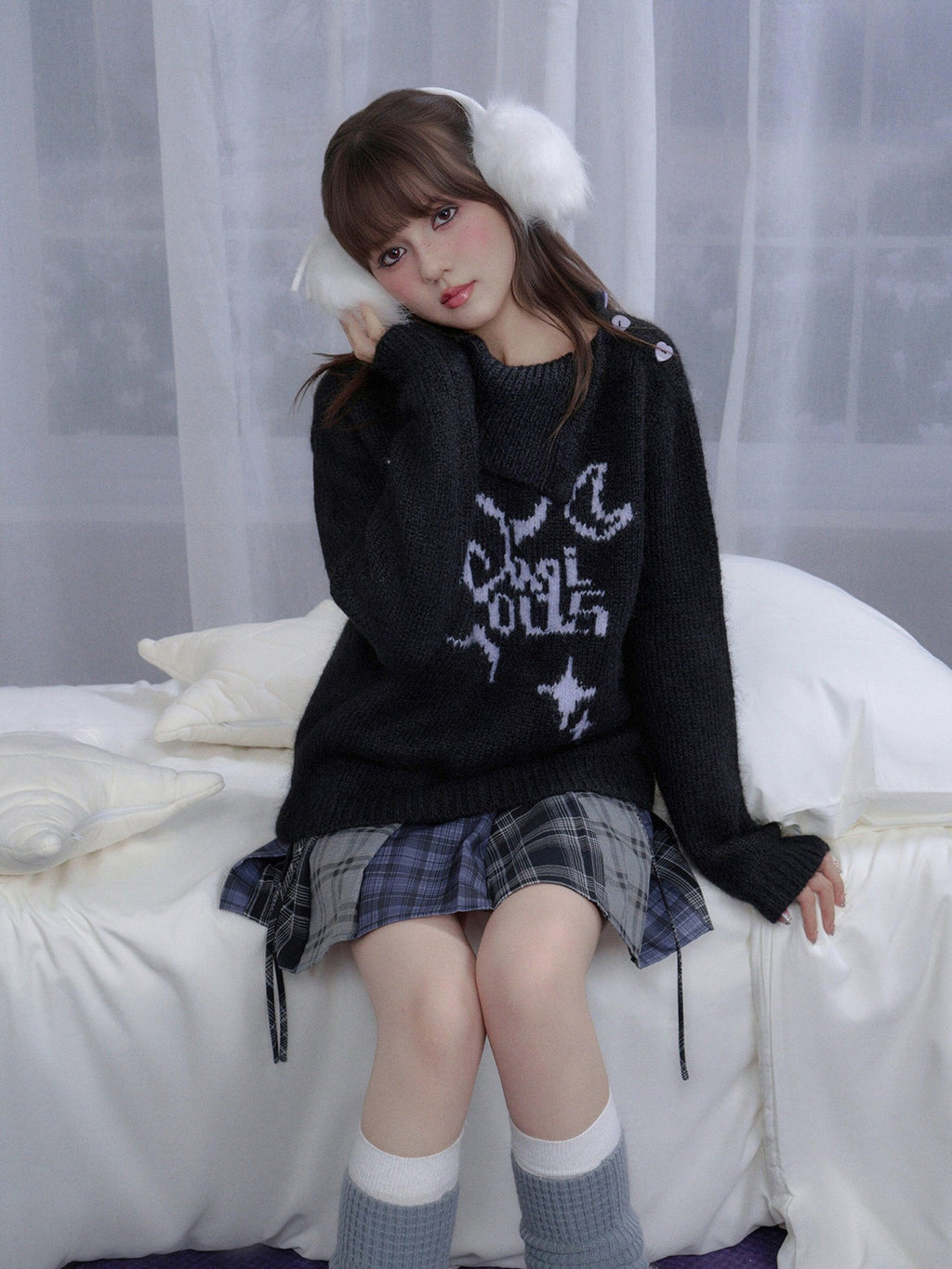 SagiDolls Black Purple Jacquard Convertible High Neck Asymmetric Women's Pullover Sweaters