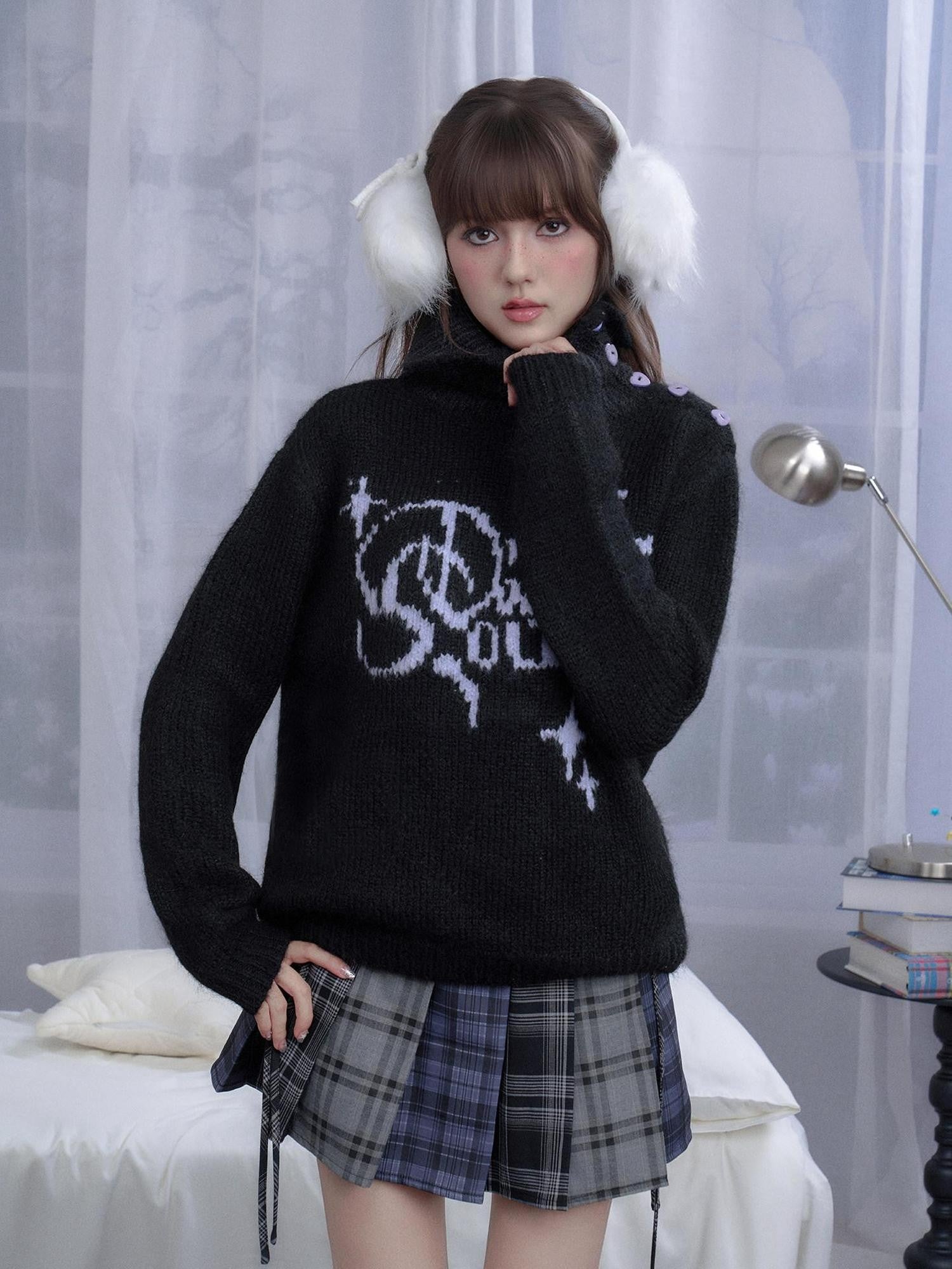 SagiDolls Black Purple Jacquard Convertible High Neck Asymmetric Women's Pullover Sweaters