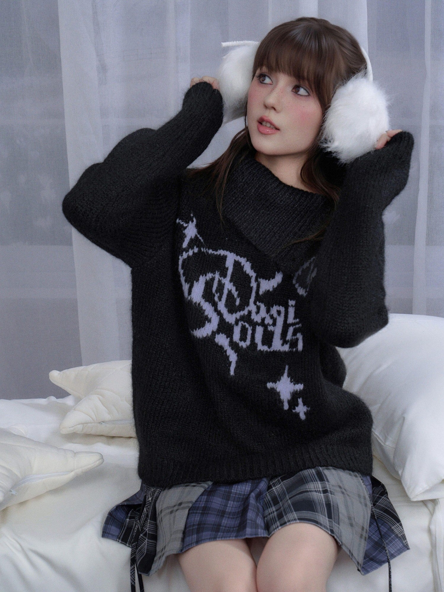 SagiDolls Black Purple Jacquard Convertible High Neck Asymmetric Women's Pullover Sweaters