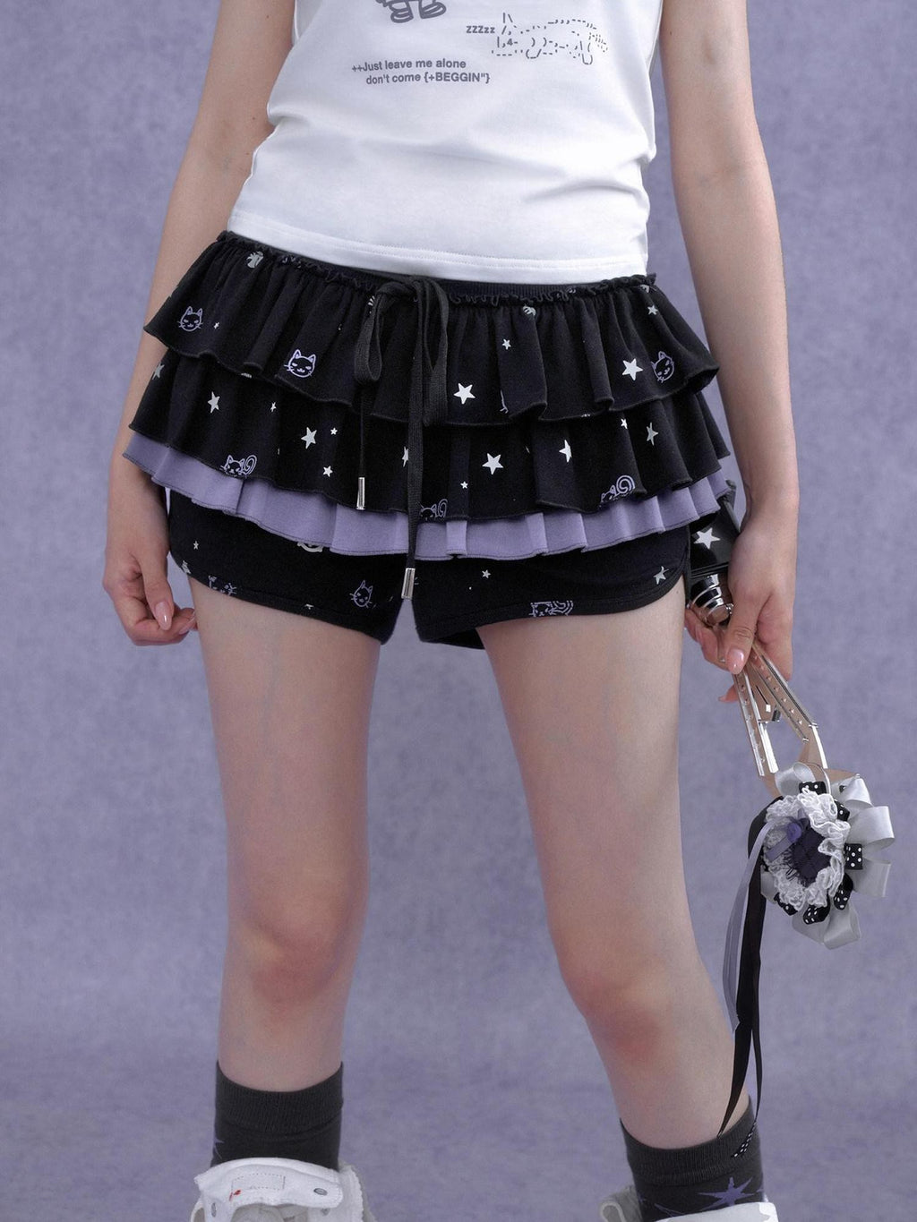 SagiDolls Black Purple Kitten Print Puff Cake Women's Cotton Tiered Skirts