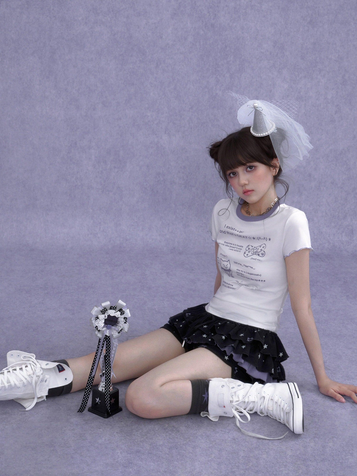 SagiDolls Black Purple Kitten Print Puff Cake Women's Cotton Tiered Skirts