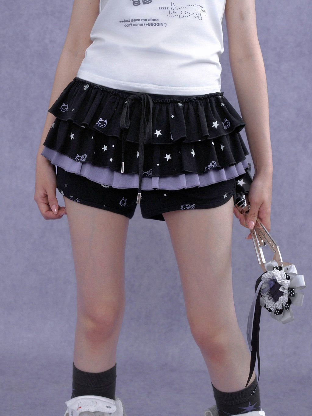 SagiDolls Black Purple Kitten Print Puff Cake Women's Cotton Tiered Skirts