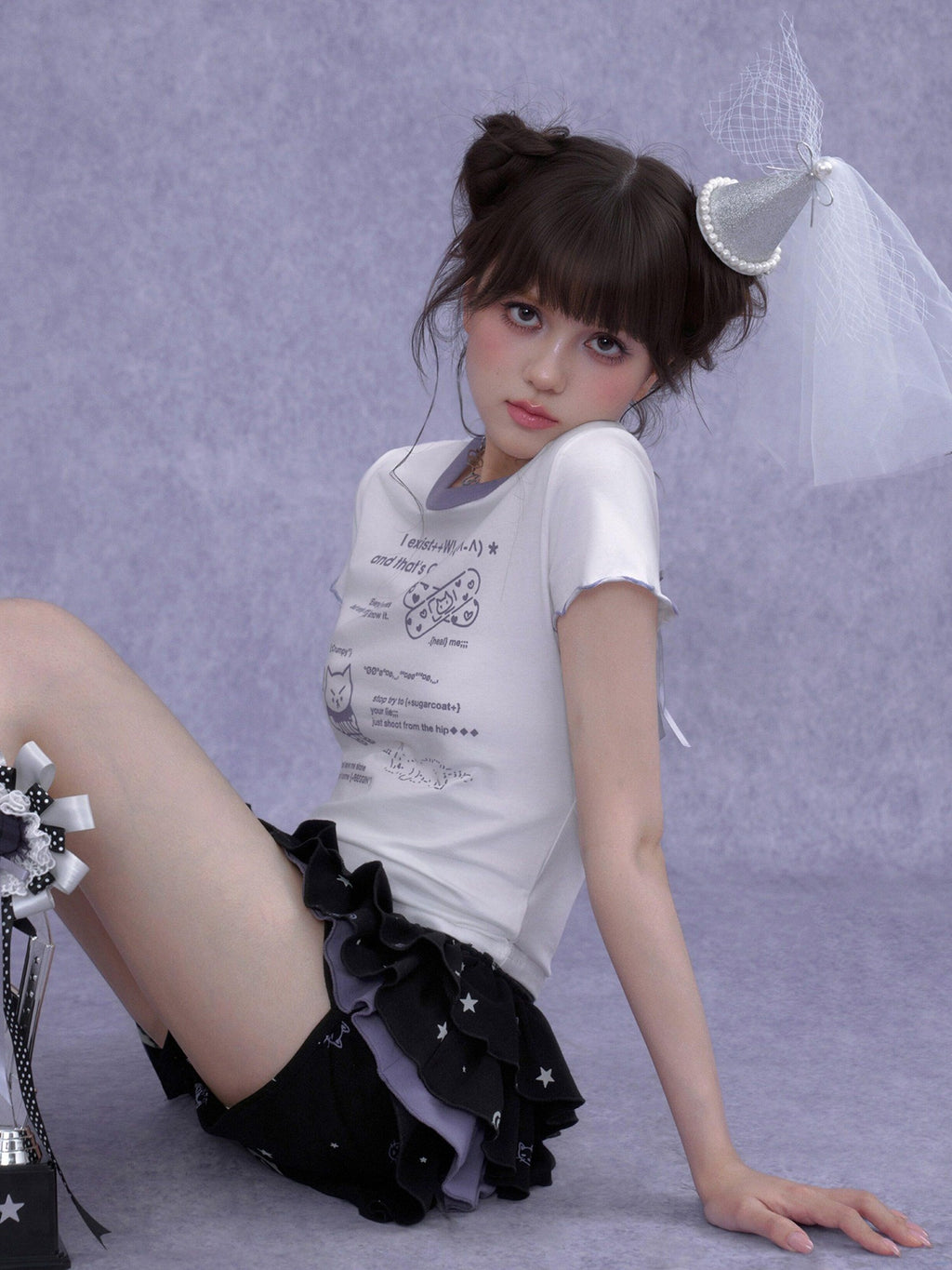 SagiDolls Black Purple Kitten Print Puff Cake Women's Cotton Tiered Skirts