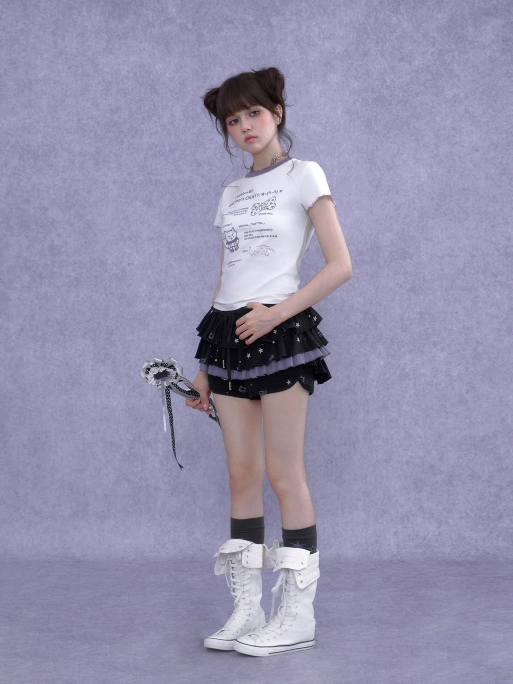 SagiDolls Black Purple Kitten Print Puff Cake Women's Cotton Tiered Skirts