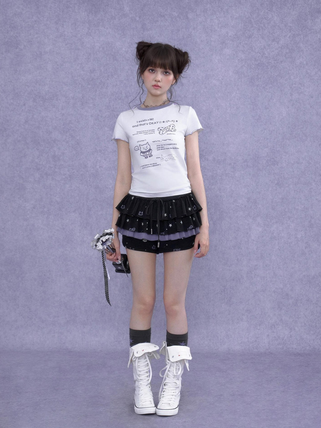 SagiDolls Black Purple Kitten Print Puff Cake Women's Cotton Tiered Skirts