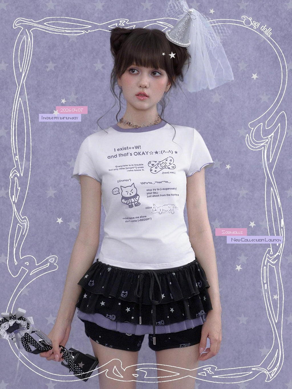 SagiDolls Black Purple Kitten Print Puff Cake Women's Cotton Tiered Skirts