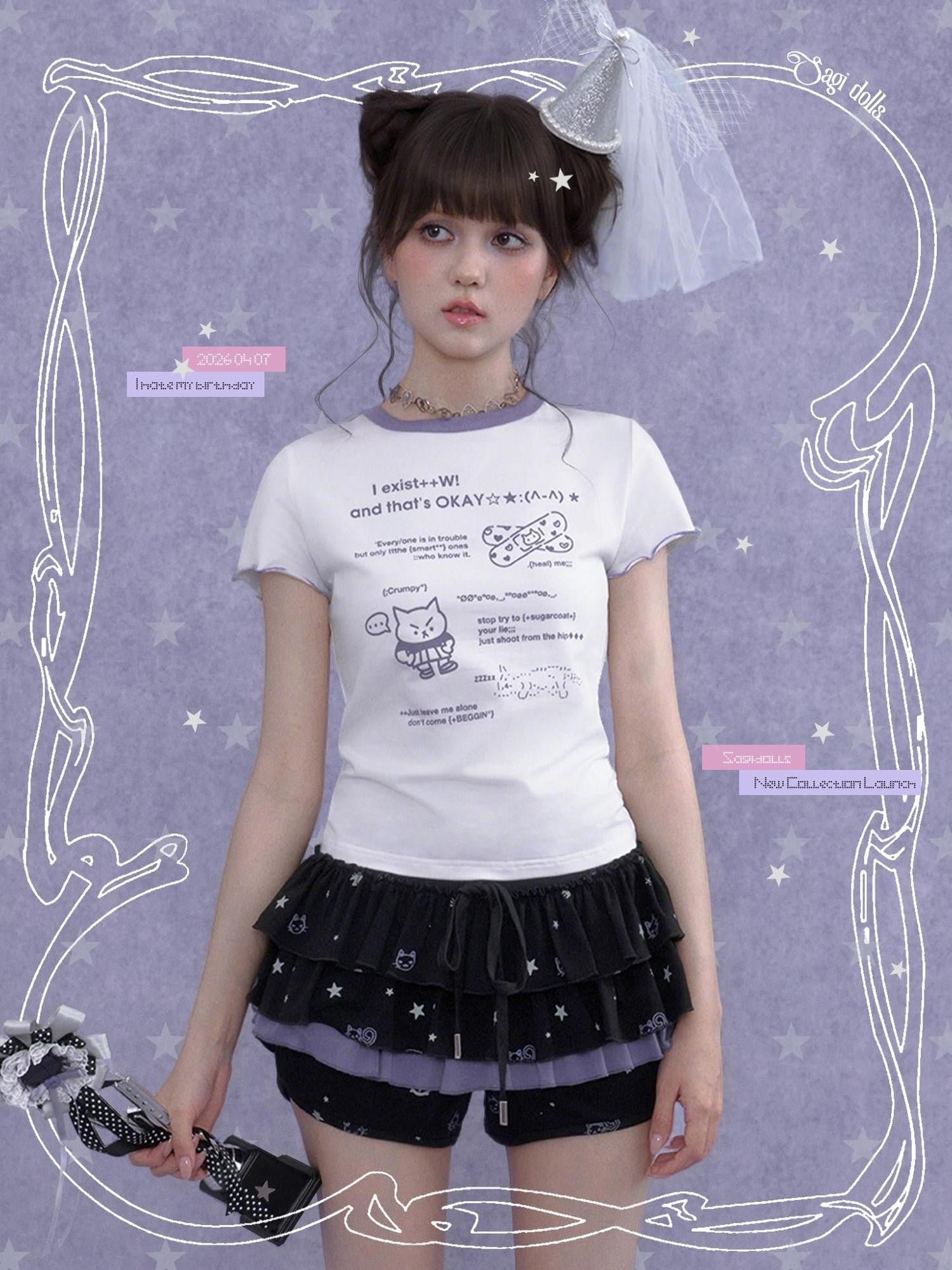 SagiDolls Black Purple Kitten Print Puff Cake Women's Cotton Tiered Skirts