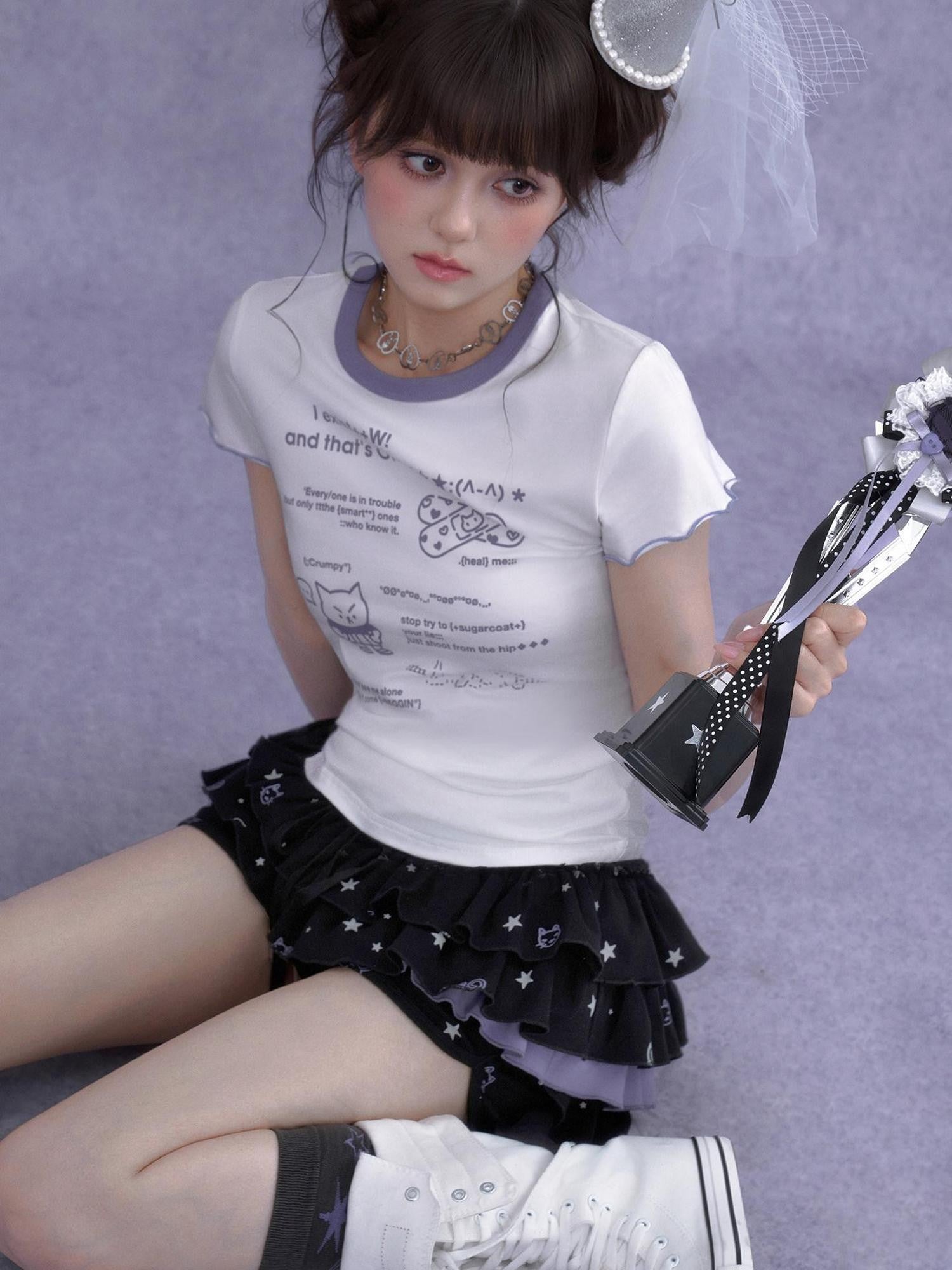 SagiDolls Black Purple Kitten Print Puff Cake Women's Cotton Tiered Skirts
