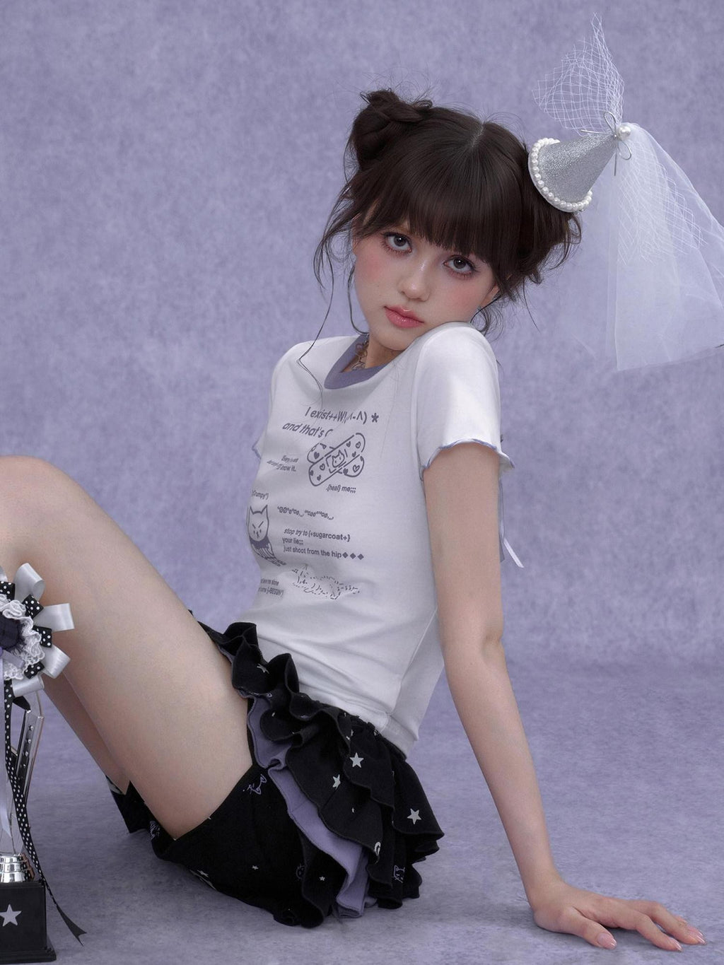 SagiDolls Black Purple Kitten Print Puff Cake Women's Cotton Tiered Skirts