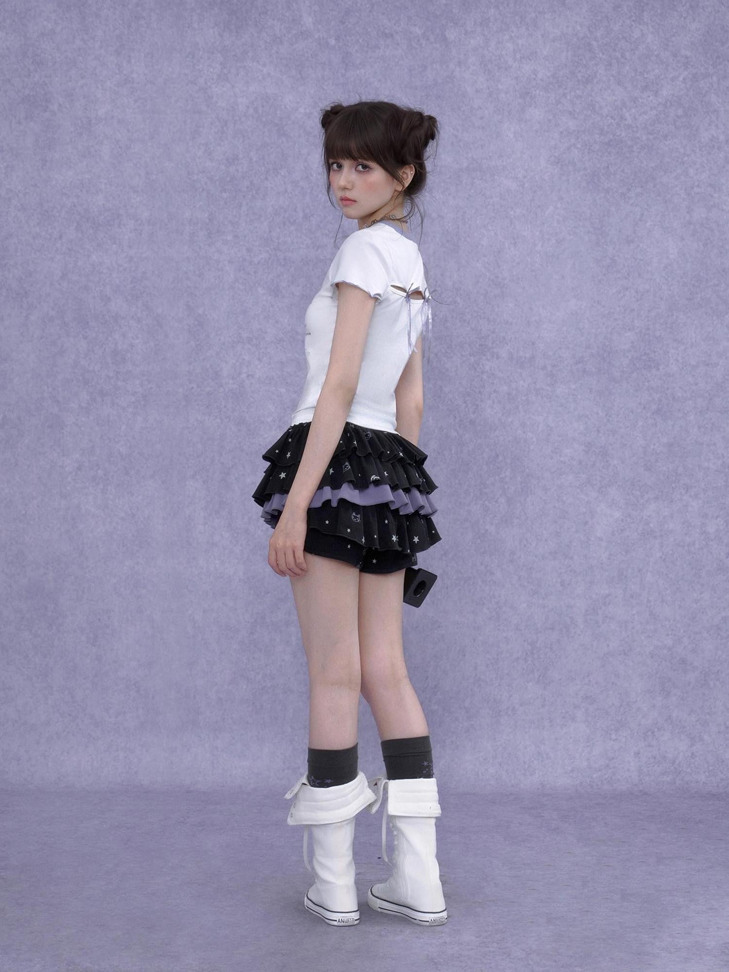 SagiDolls Black Purple Kitten Print Puff Cake Women's Cotton Tiered Skirts