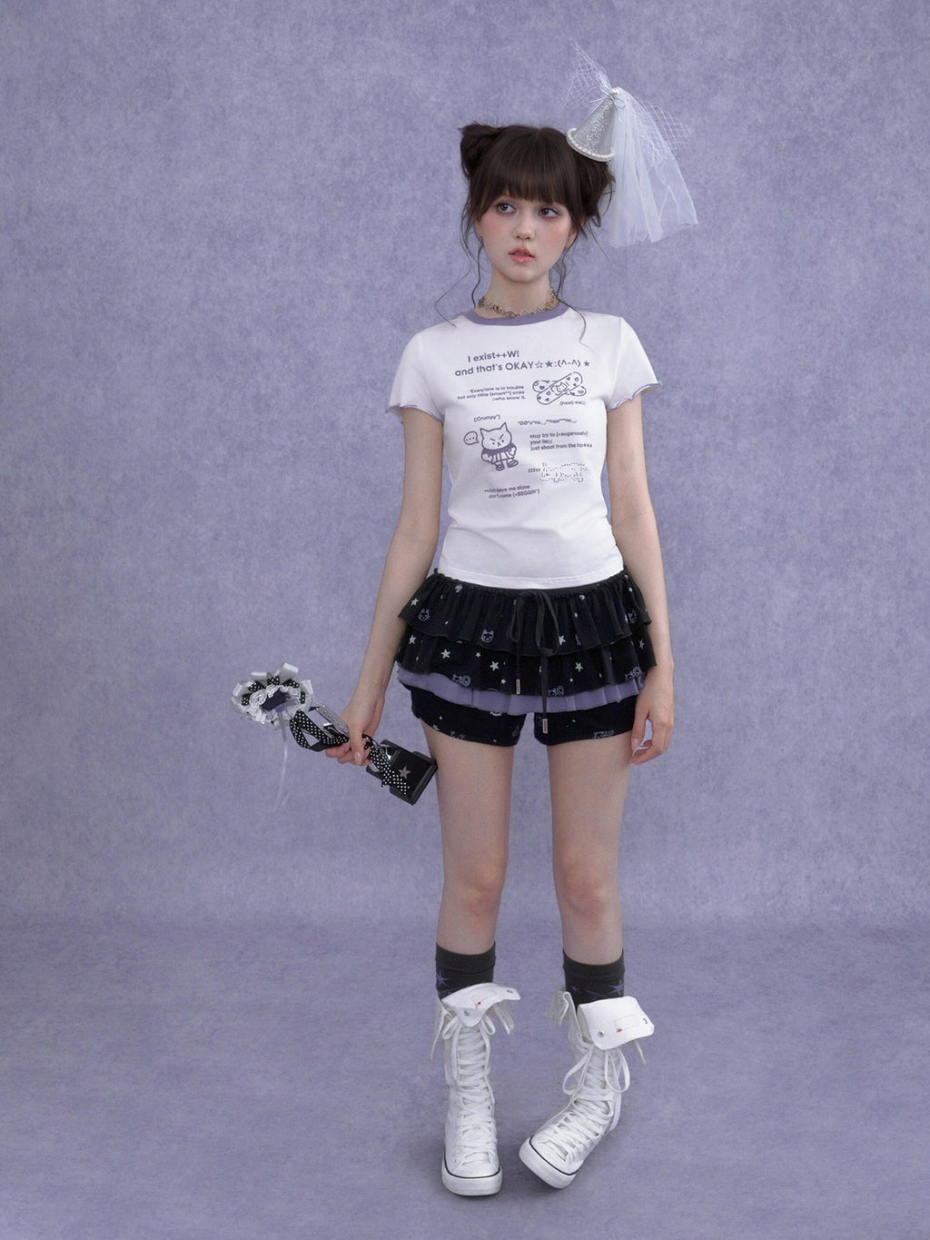 SagiDolls Black Purple Kitten Print Puff Cake Women's Cotton Tiered Skirts