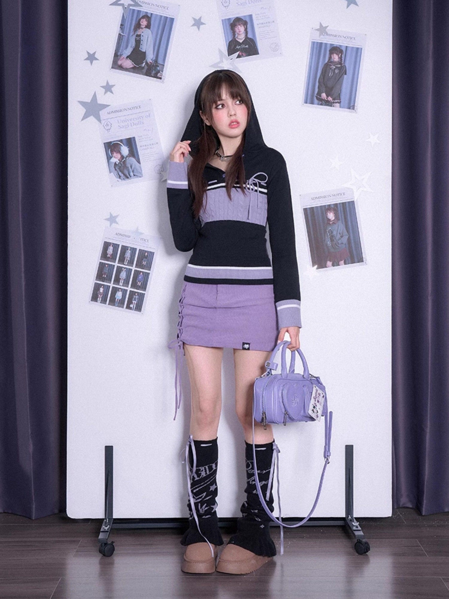 SagiDolls Black Purple Knit Colorblock Tie Hooded Women's Viscose Blend Sweaters