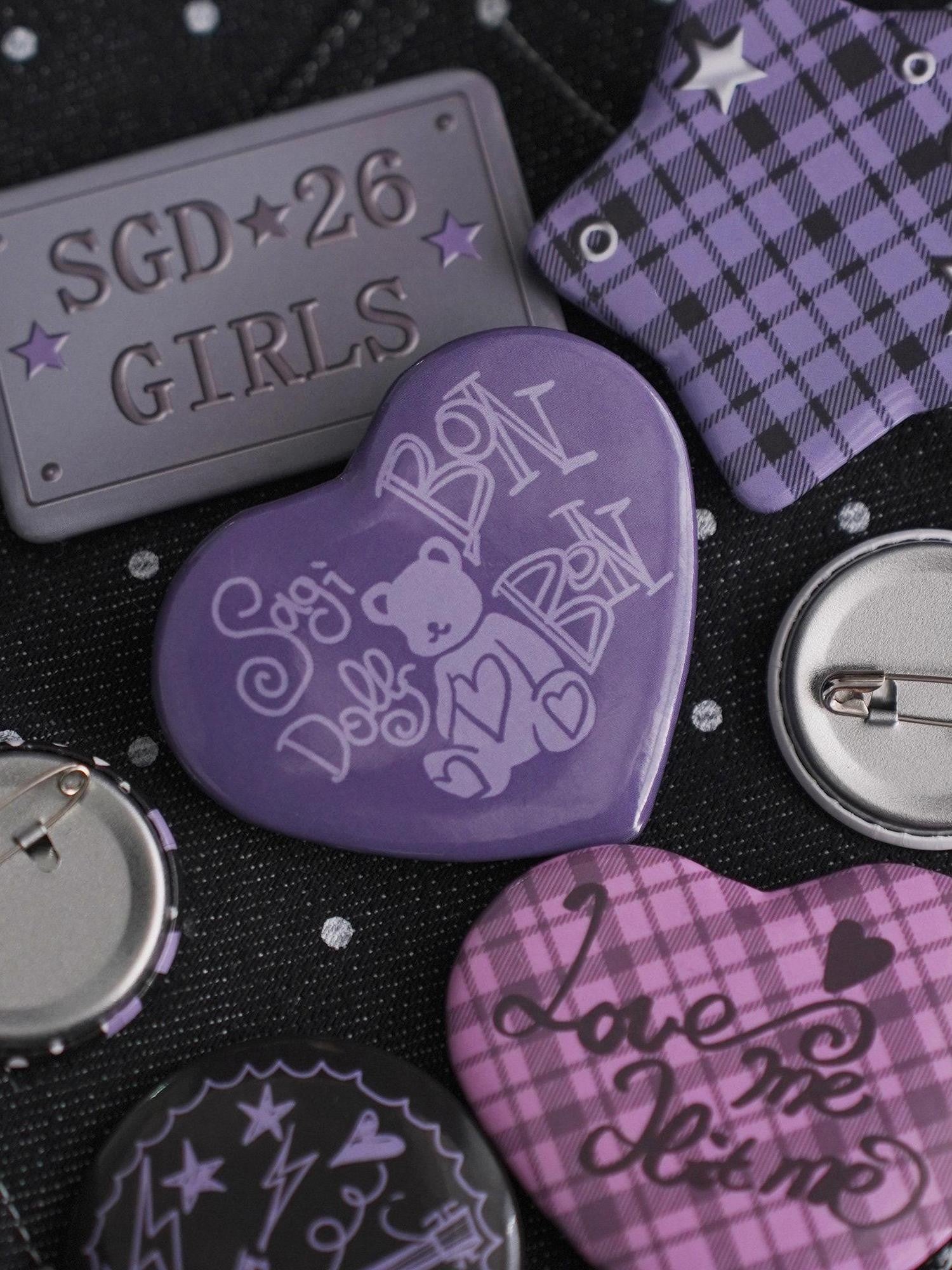 SagiDolls Black Purple Original Sweet Cool Cute Pin Back Set Of 7 Women's Brooches