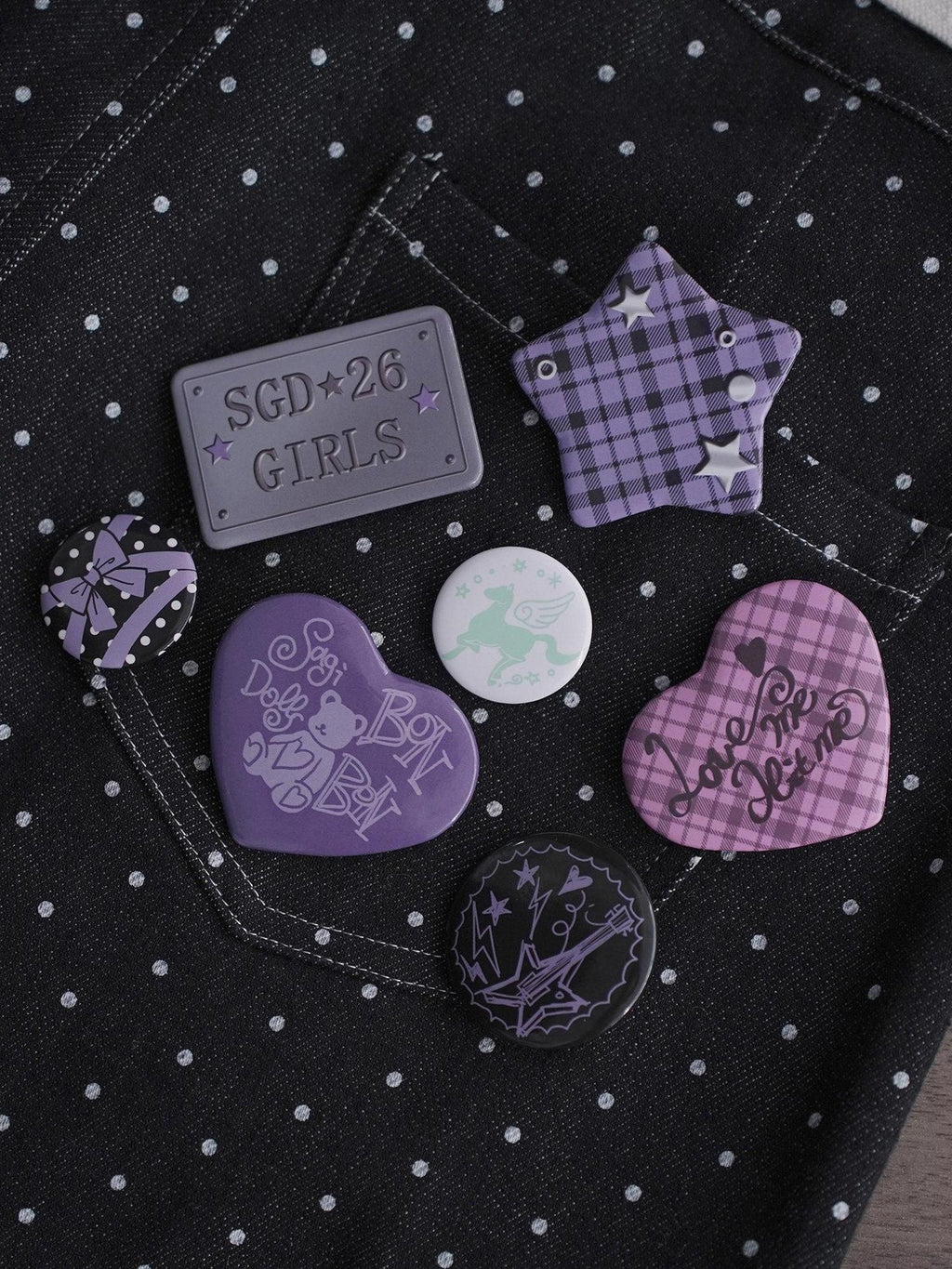 SagiDolls Black Purple Original Sweet Cool Cute Pin Back Set Of 7 Women's Brooches