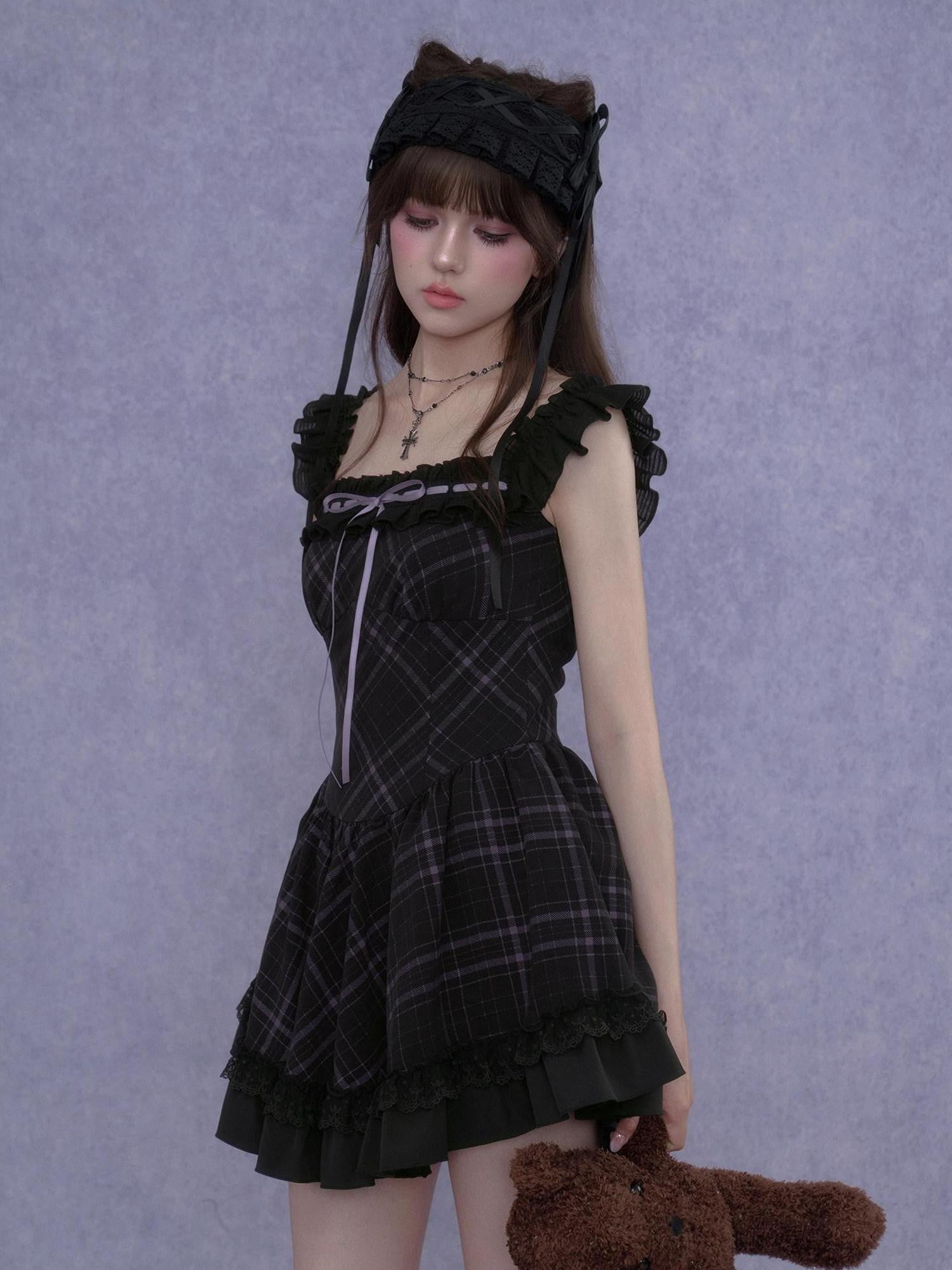 SagiDolls Black Purple Plaid Wide Strap Lace Aline Women's Viscose Corset Mini Dresses
