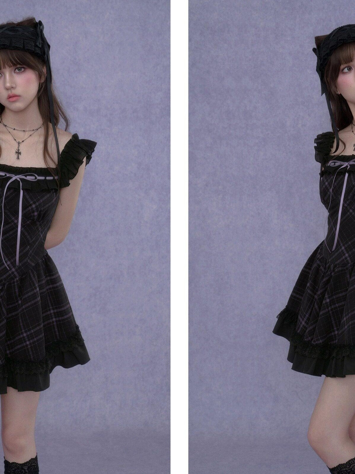 SagiDolls Black Purple Plaid Wide Strap Lace Aline Women's Viscose Corset Mini Dresses