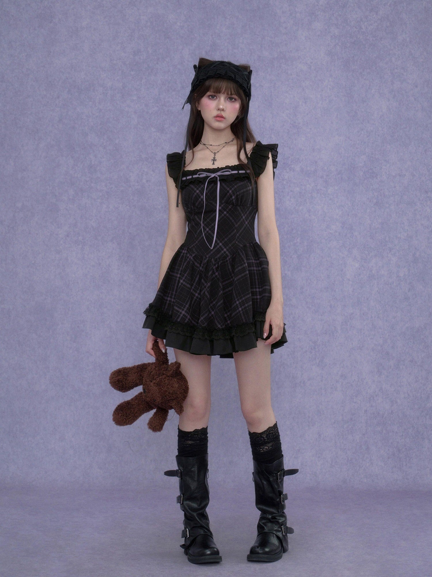 SagiDolls Black Purple Plaid Wide Strap Lace Aline Women's Viscose Corset Mini Dresses