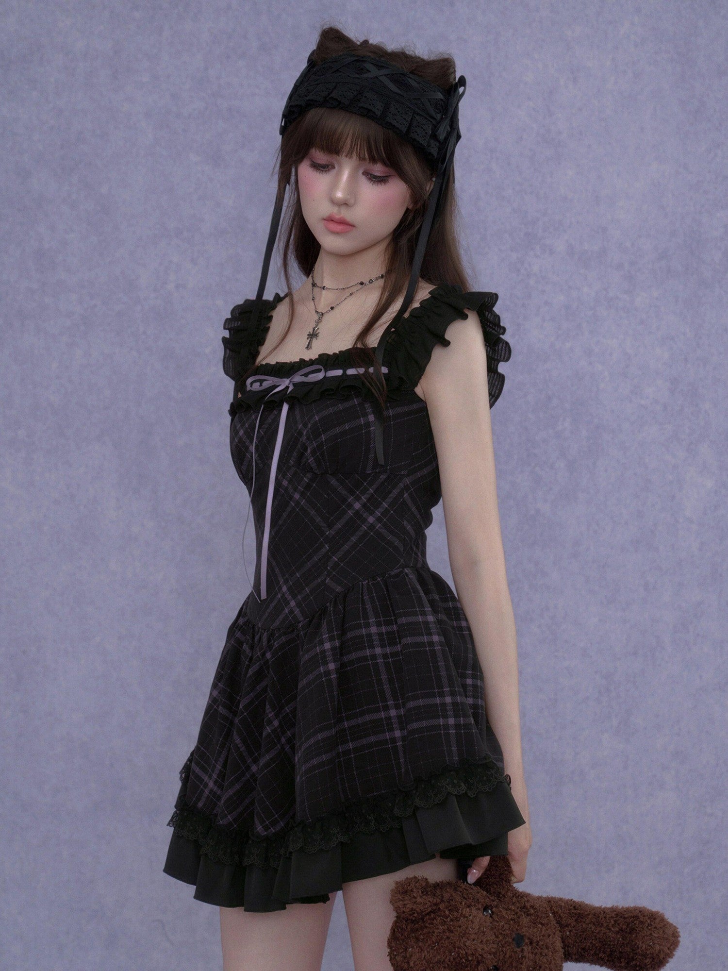SagiDolls Black Purple Plaid Wide Strap Lace Aline Women's Viscose Corset Mini Dresses