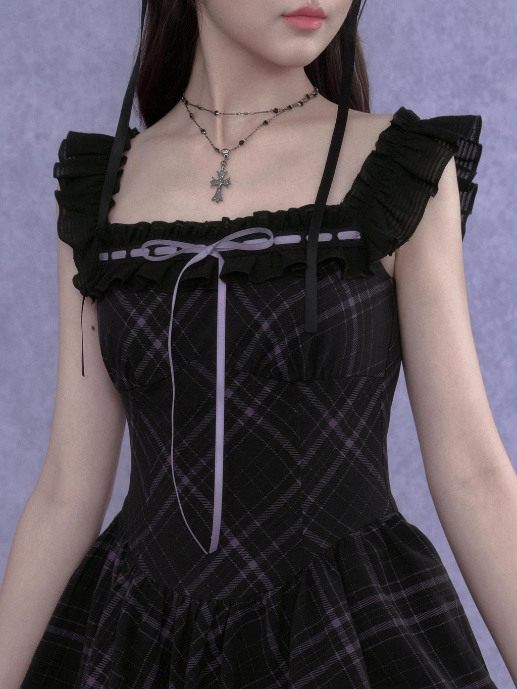 SagiDolls Black Purple Plaid Wide Strap Lace Aline Women's Viscose Corset Mini Dresses