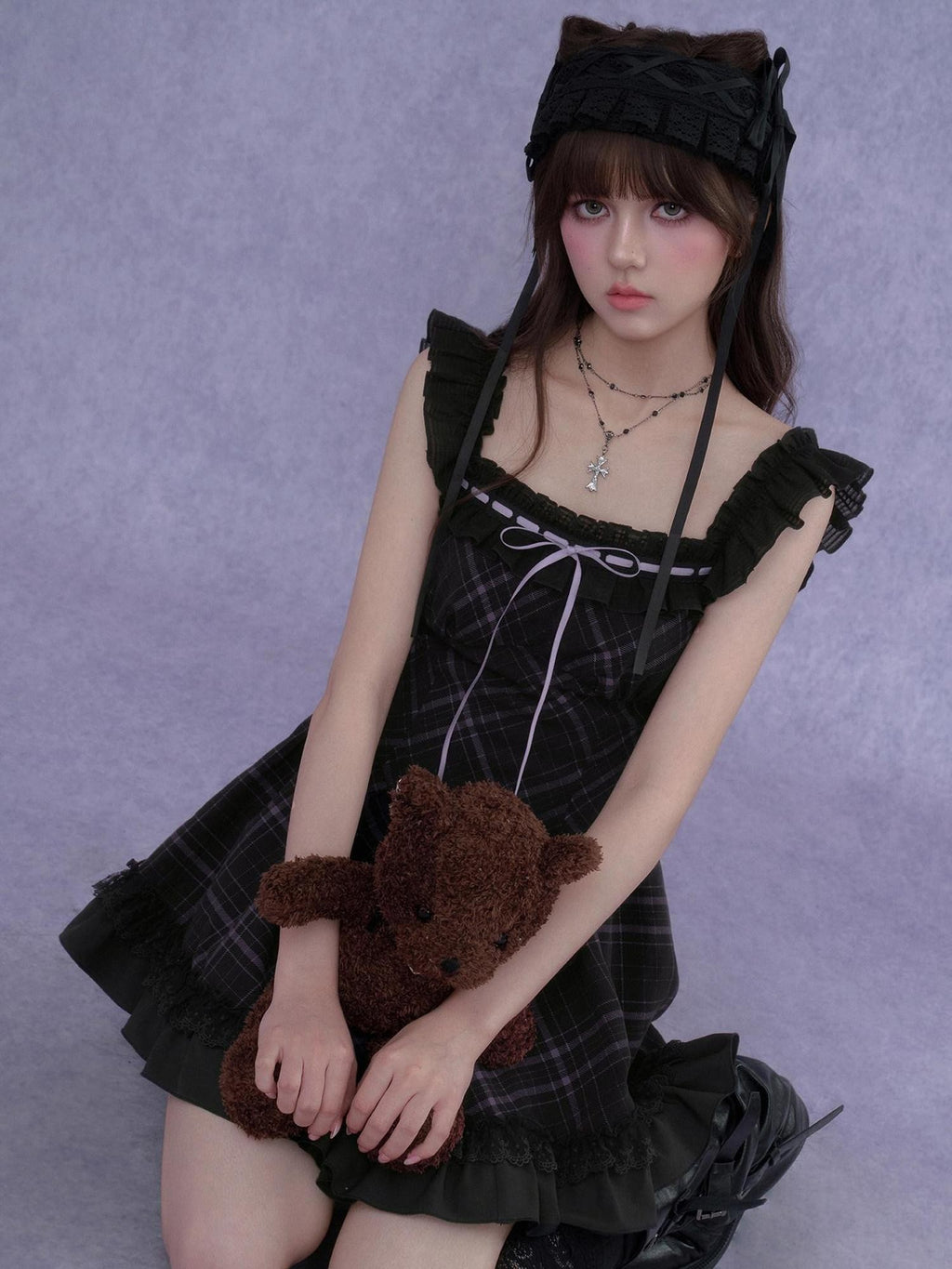 SagiDolls Black Purple Plaid Wide Strap Lace Aline Women's Viscose Corset Mini Dresses