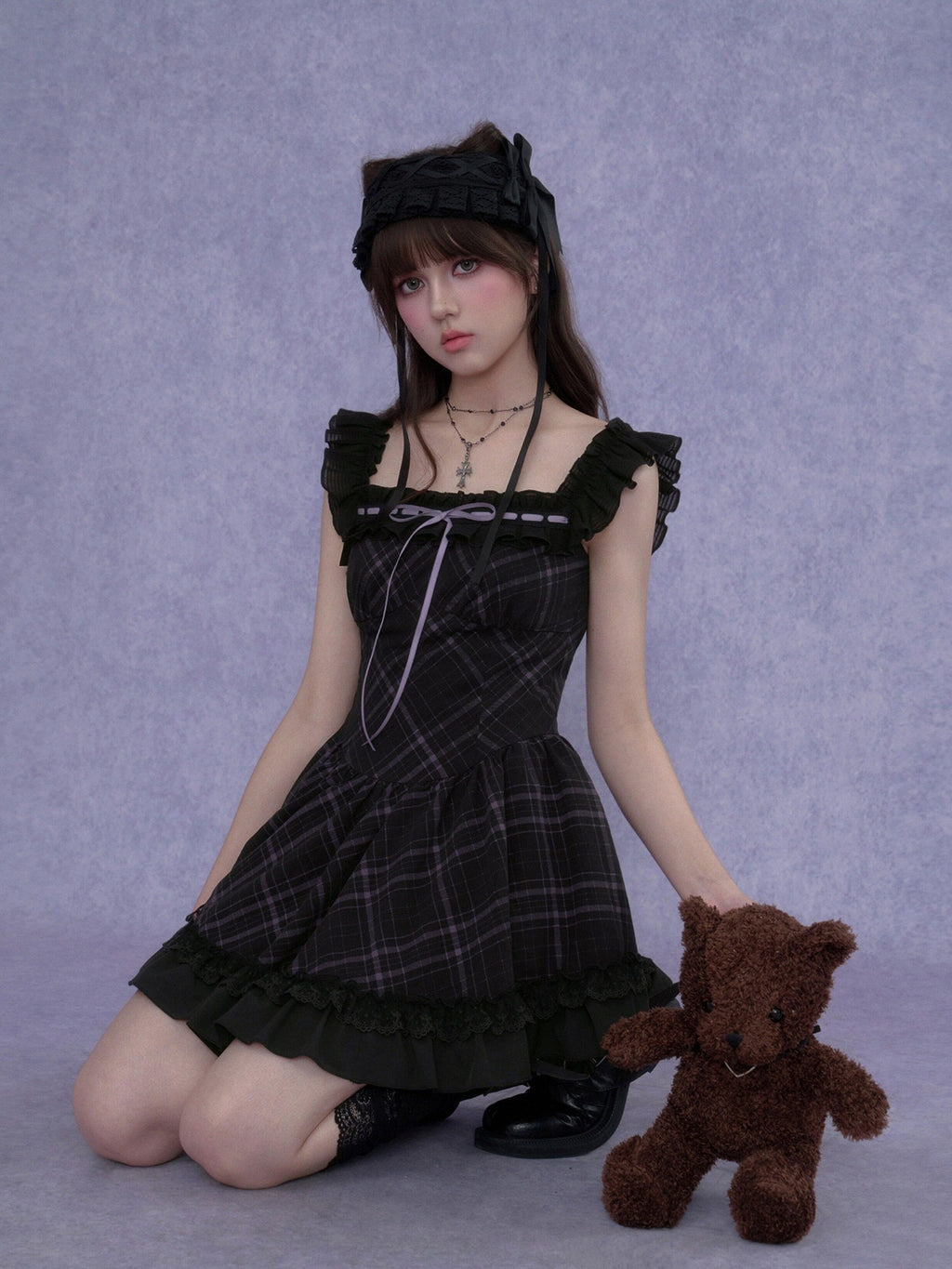 SagiDolls Black Purple Plaid Wide Strap Lace Aline Women's Viscose Corset Mini Dresses